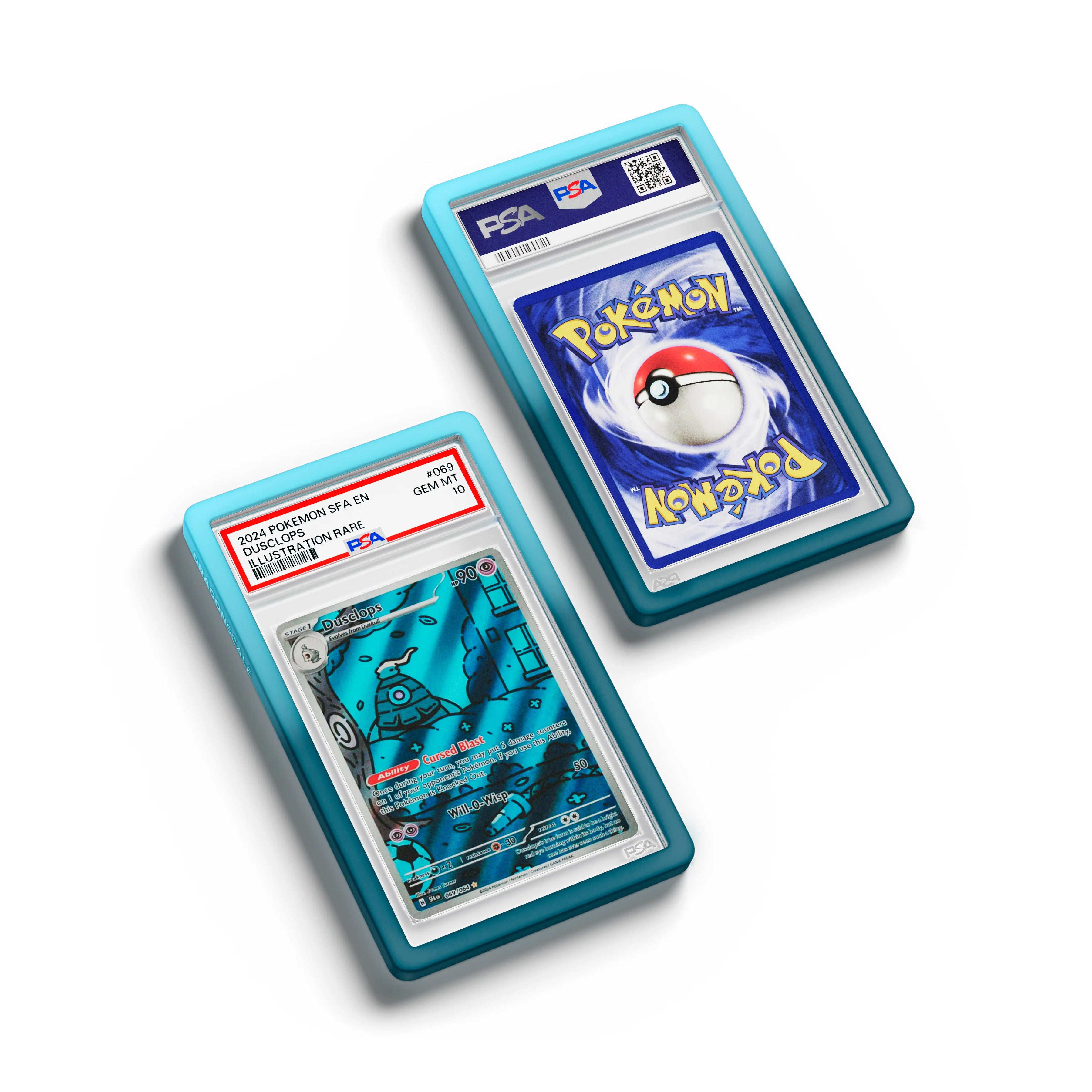 Top-down flat view of a PSA slab in Gradient Ethereal Dragonscale bumper guard, featuring a Dusclops Shrouded Fable PSA 10 Pokemon card.