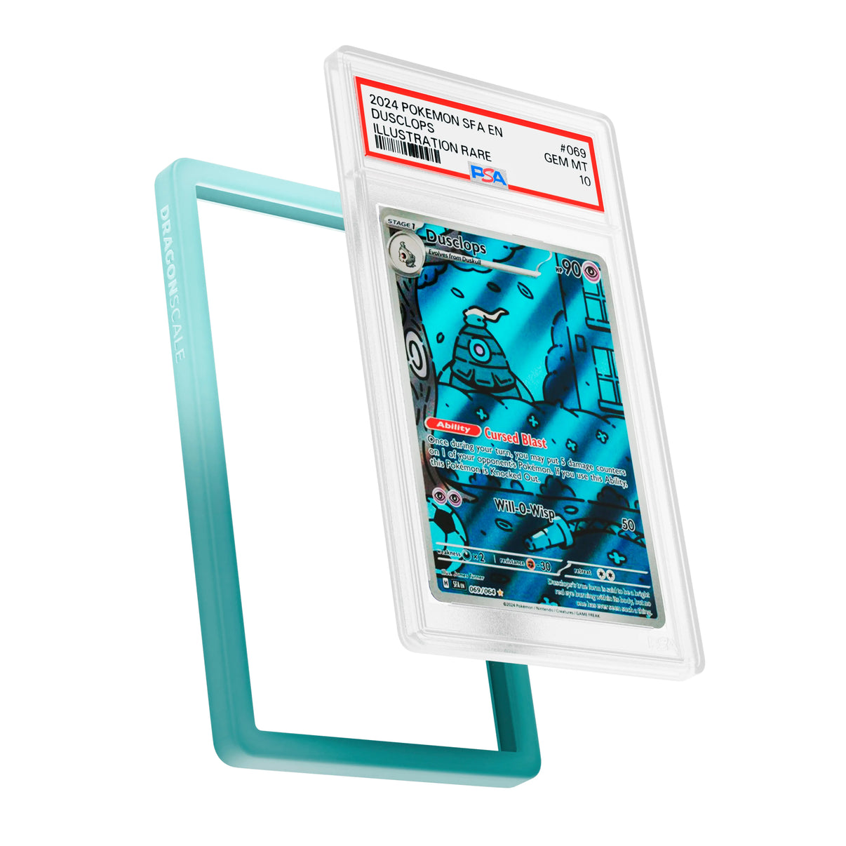 Display and demo view of a PSA slab in Gradient Ethereal Dragonscale bumper guard, featuring a Dusclops Shrouded Fable PSA 10 Pokemon card.