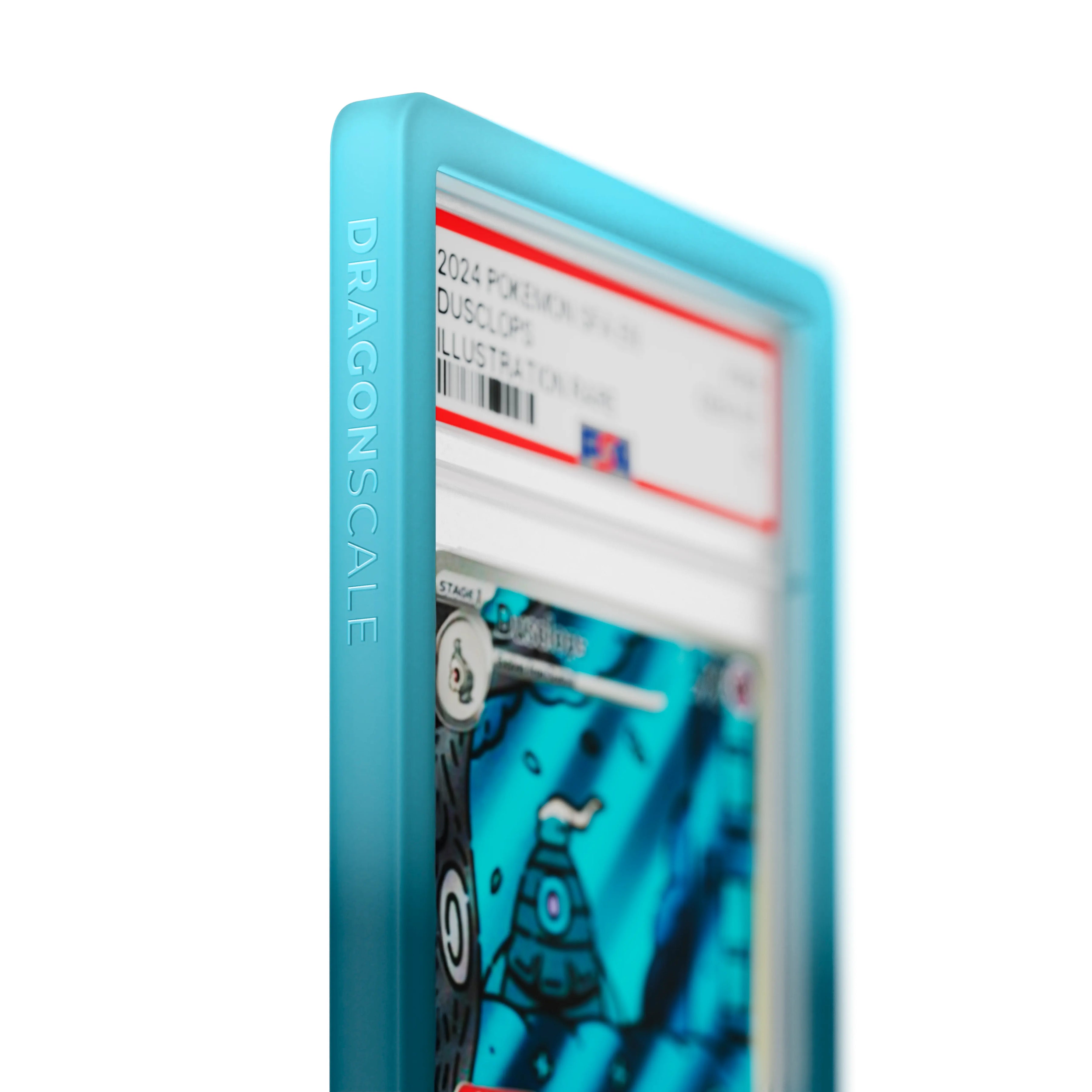 Close up logo zoom view of a PSA slab in Gradient Ethereal Dragonscale bumper guard, featuring a Dusclops Shrouded Fable PSA 10 Pokemon card.