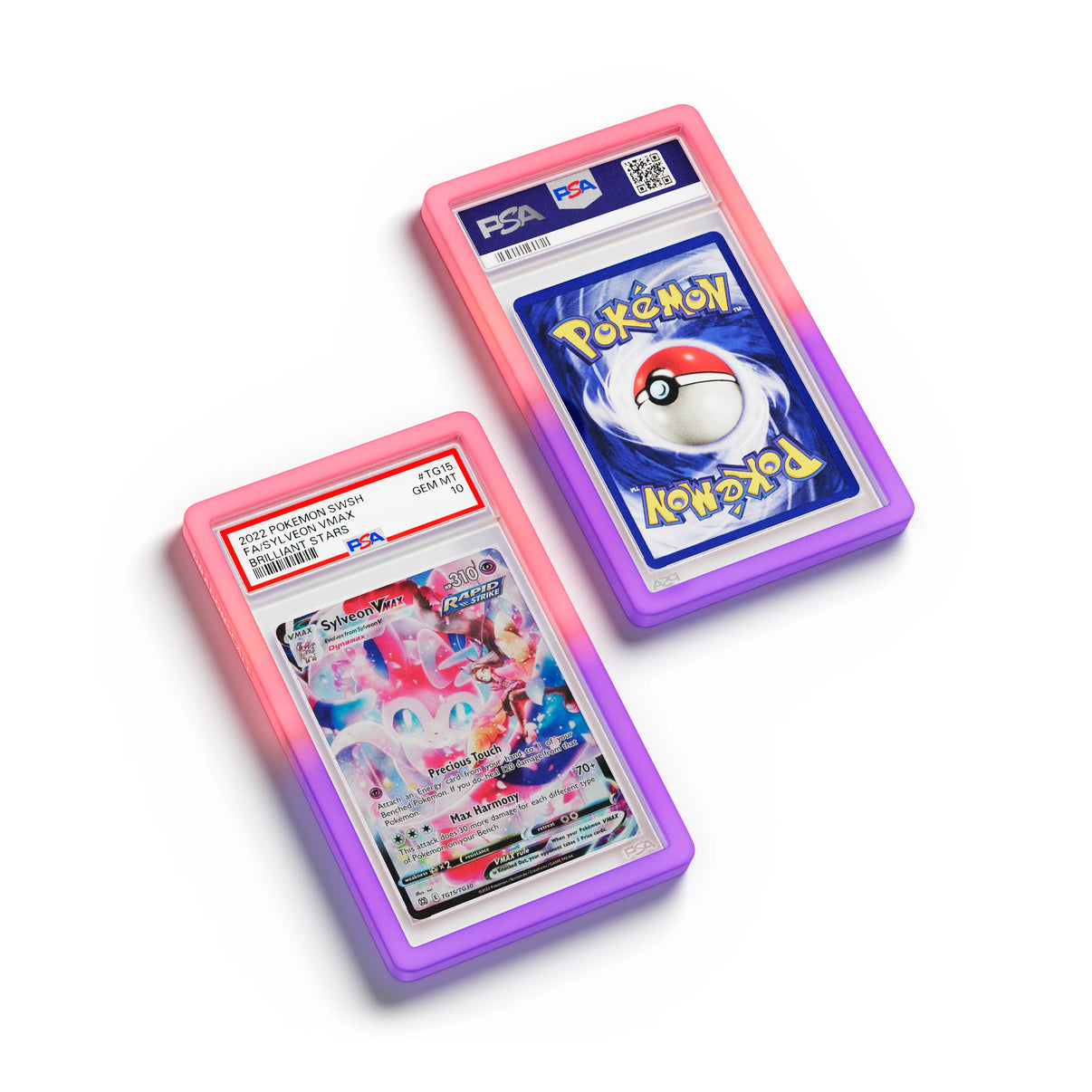 Top-down flat view of a PSA slab in Gradient Fairy Dragonscale bumper guard, featuring a Sylveon VMAX Brilliant Stars PSA 10 Pokemon card.