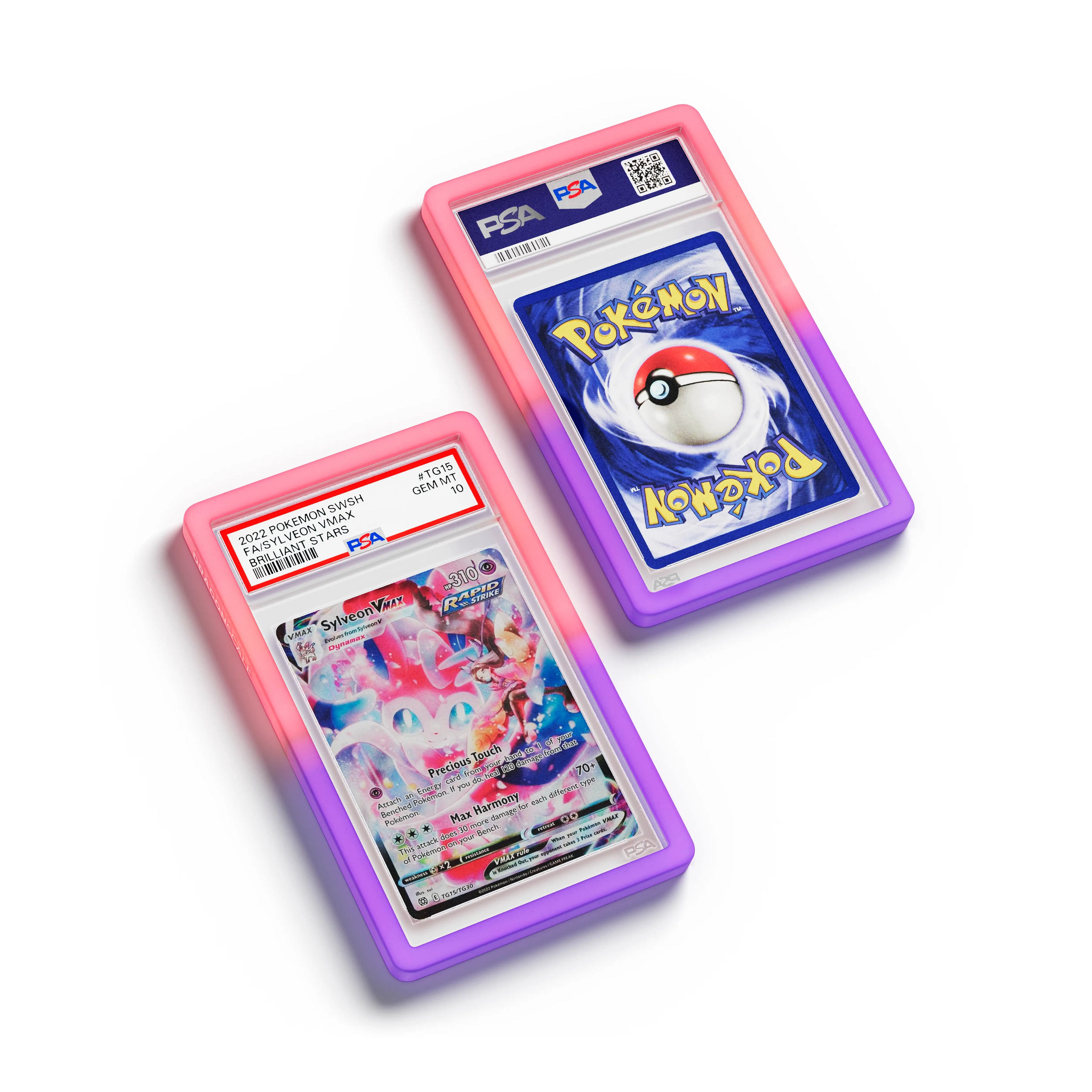 Top-down flat view of a PSA slab in Gradient Fairy Dragonscale bumper guard, featuring a Sylveon VMAX Brilliant Stars PSA 10 Pokemon card.