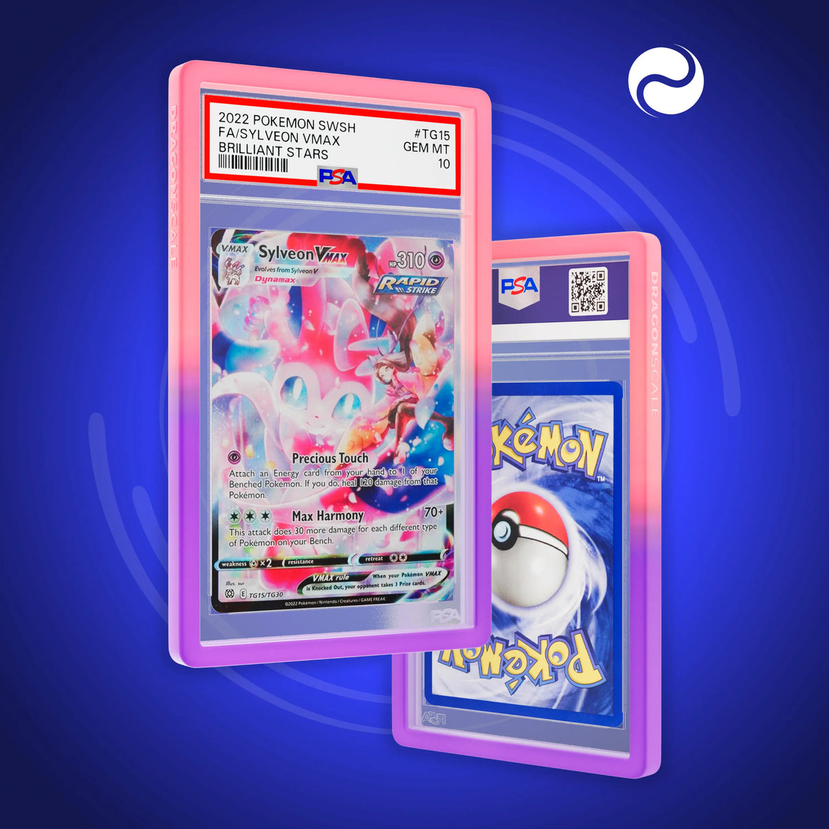 Front and back view of a PSA slab in Gradient Fairy Dragonscale bumper guard, featuring a Sylveon VMAX Brilliant Stars PSA 10 Pokemon card.
