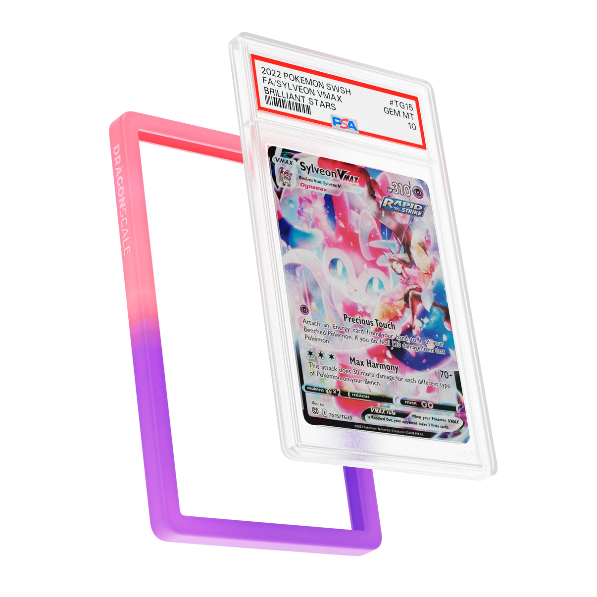 Display and demo view of a PSA slab in Gradient Fairy Dragonscale bumper guard, featuring a Sylveon VMAX Brilliant Stars PSA 10 Pokemon card.