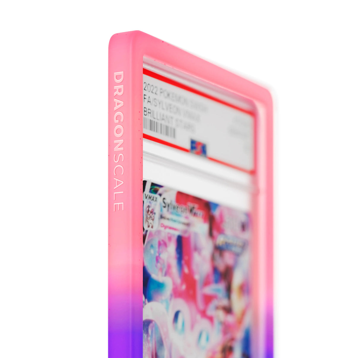 Close up logo zoom view of a PSA slab in Gradient Fairy Dragonscale bumper guard, featuring a Sylveon VMAX Brilliant Stars PSA 10 Pokemon card.