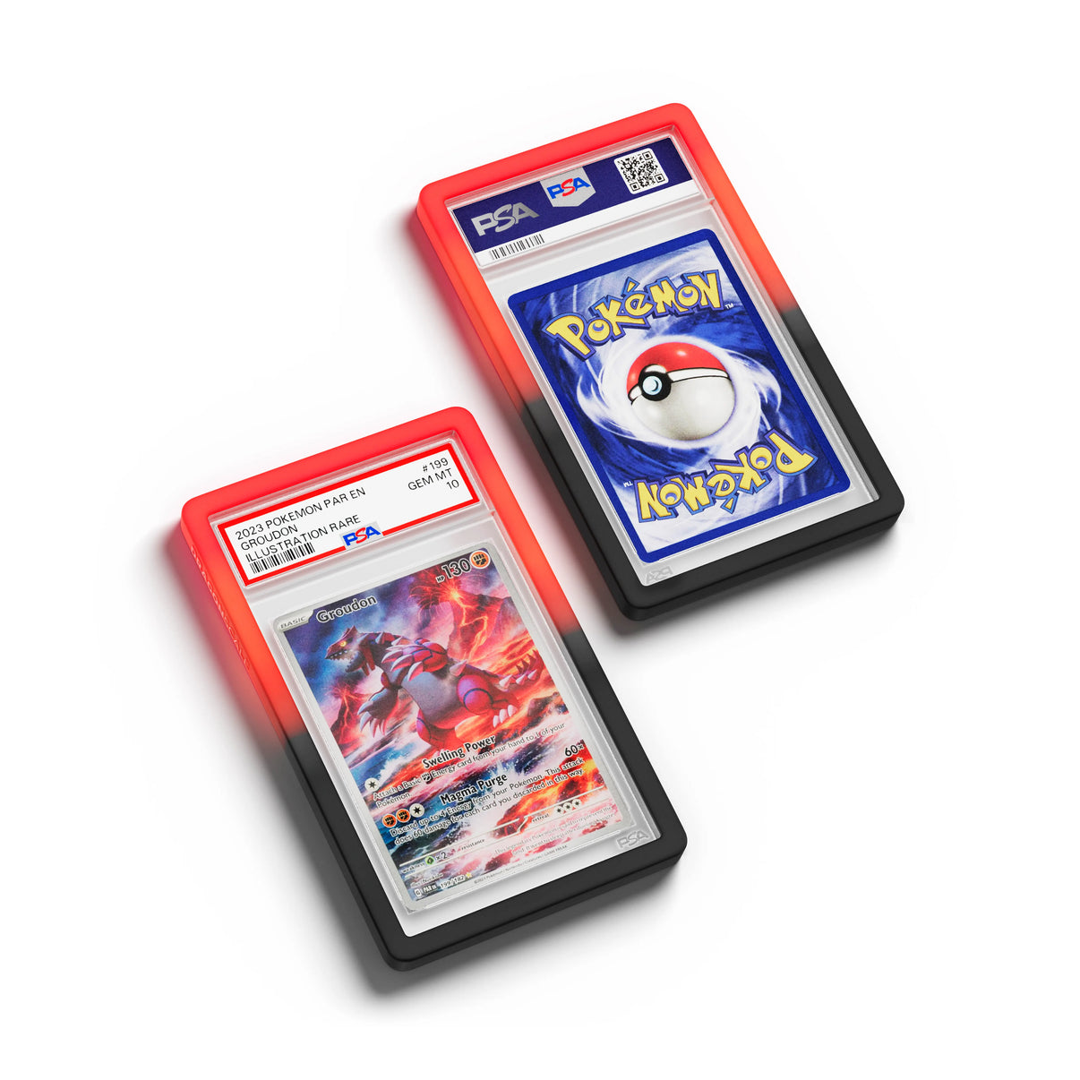 Top-down flat view of a PSA slab in Gradient Infernal Dragonscale bumper guard, featuring a Groudon Paradox Rift PSA 10 Pokemon card.