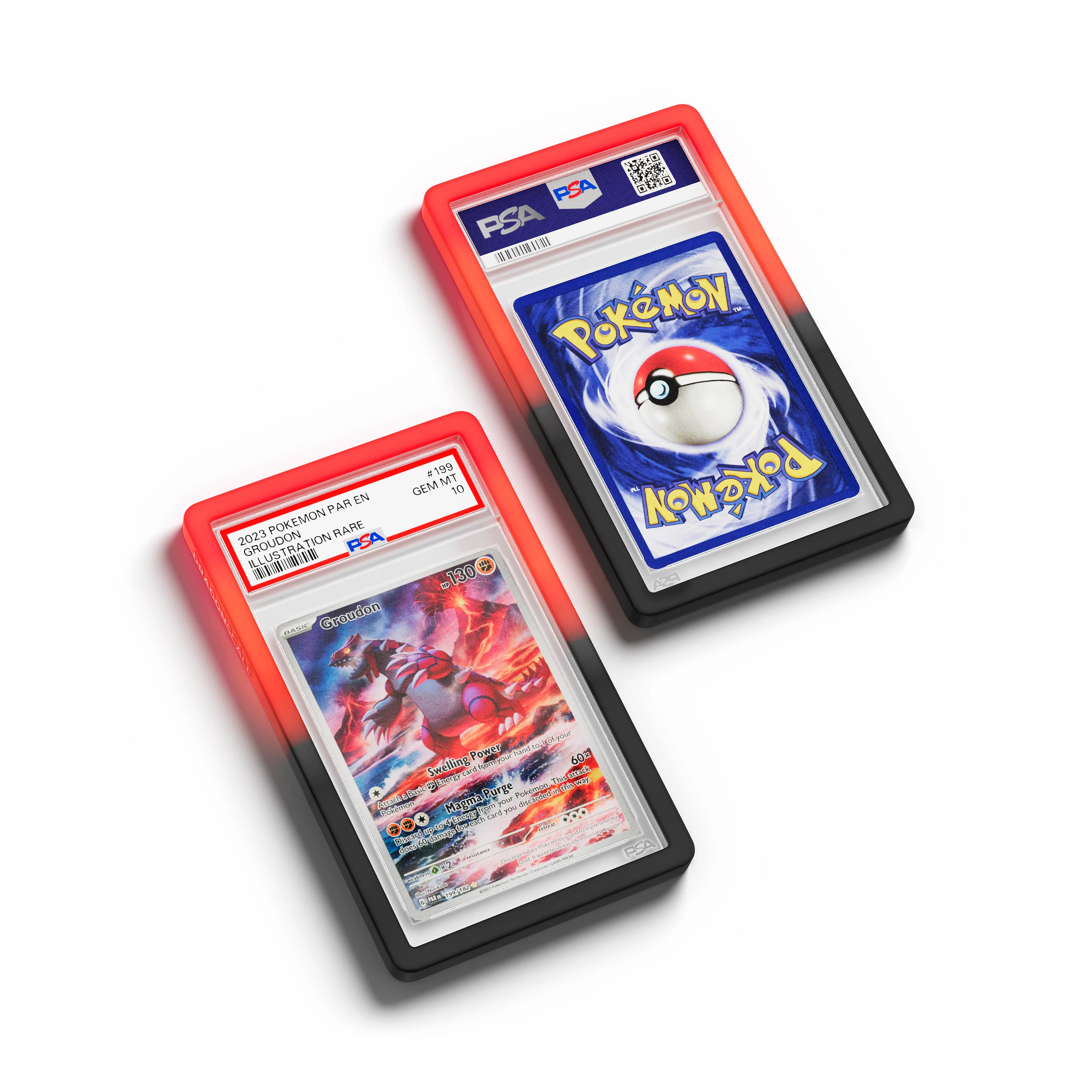 Top-down flat view of a PSA slab in Gradient Infernal Dragonscale bumper guard, featuring a Groudon Paradox Rift PSA 10 Pokemon card.