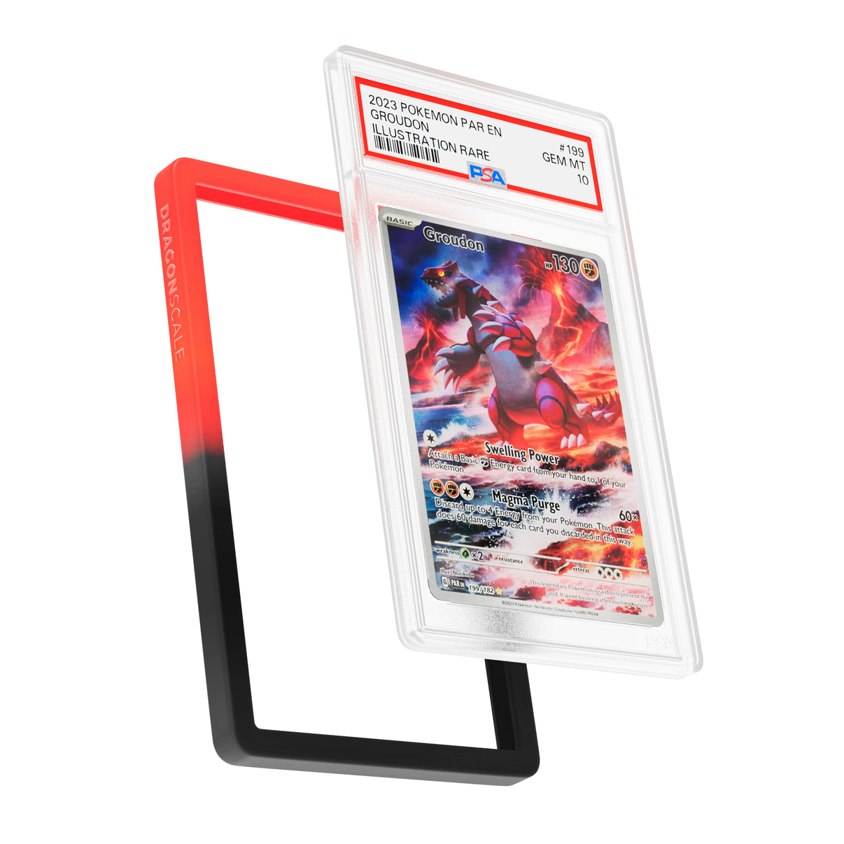 Display and demo view of a PSA slab in Gradient Infernal Dragonscale bumper guard, featuring a Groudon Paradox Rift PSA 10 Pokemon card.