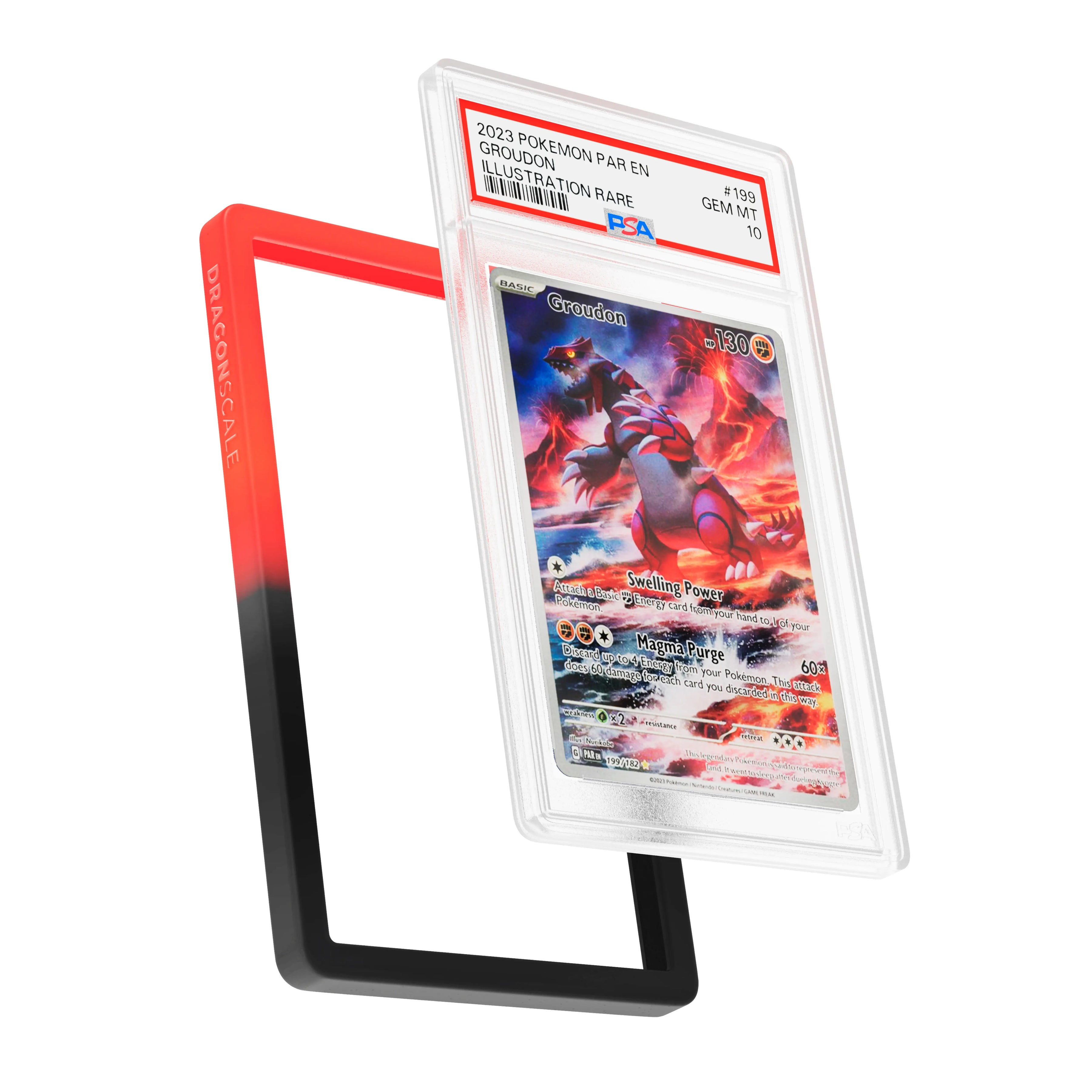 Display and demo view of a PSA slab in Gradient Infernal Dragonscale bumper guard, featuring a Groudon Paradox Rift PSA 10 Pokemon card.