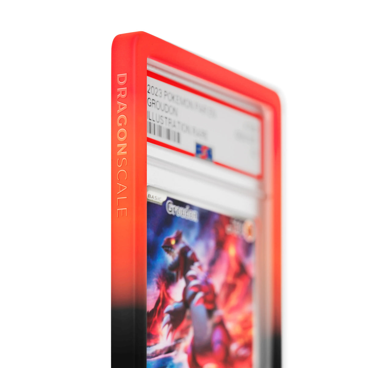 Close up logo zoom view of a PSA slab in Gradient Infernal Dragonscale bumper guard, featuring a Groudon Paradox Rift PSA 10 Pokemon card.