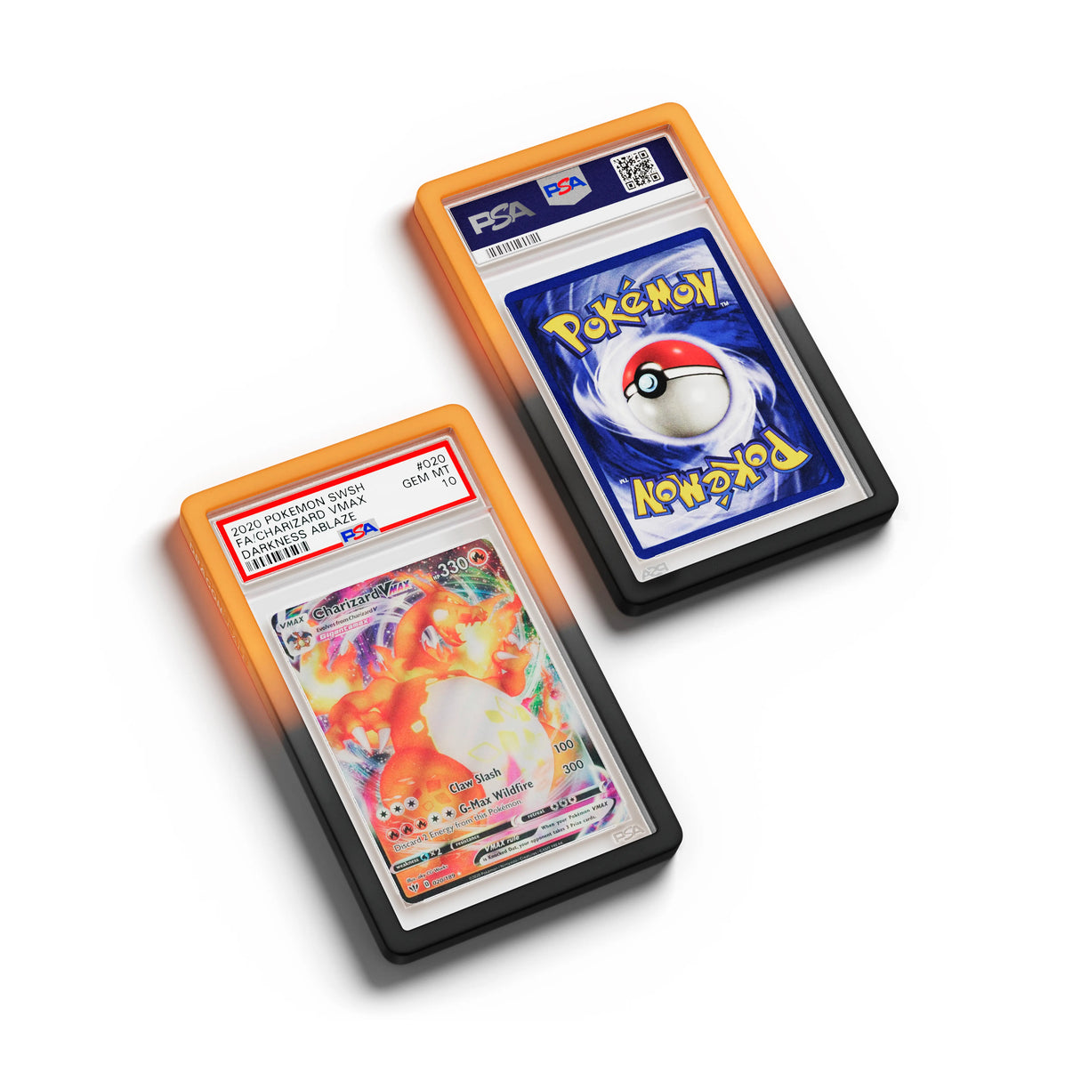 Top-down flat view of a PSA slab in Gradient Magma Dragonscale bumper guard, featuring a Charizard VMAX Darkness Ablaze PSA 10 Pokemon card.