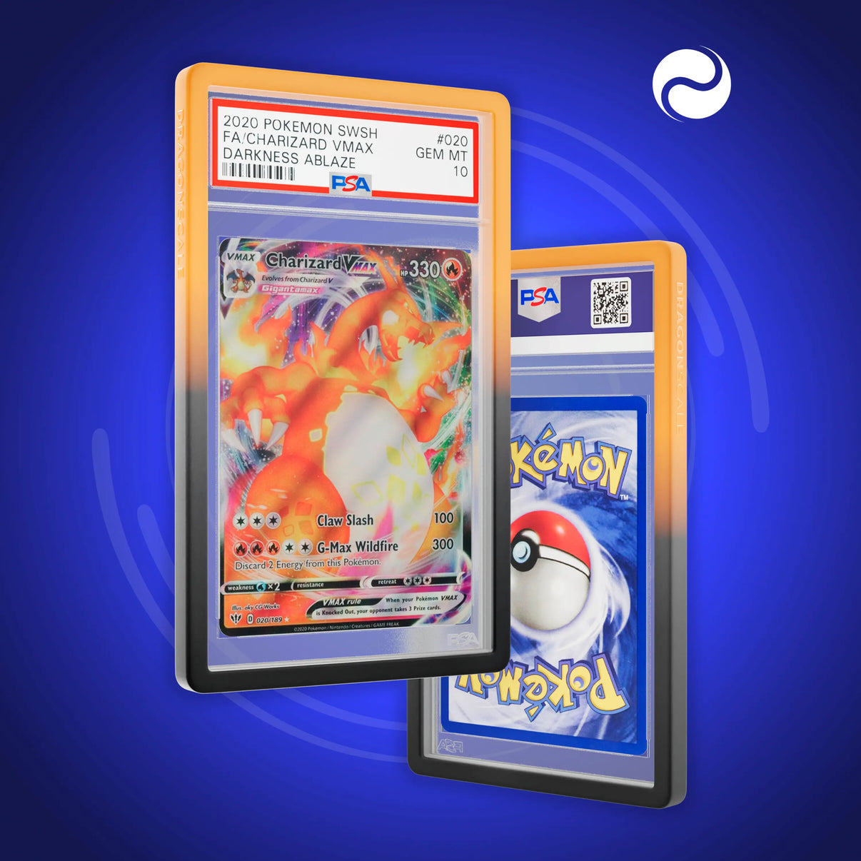 Front and back view of a PSA slab in Gradient Magma Dragonscale bumper guard, featuring a Charizard VMAX Darkness Ablaze PSA 10 Pokemon card.