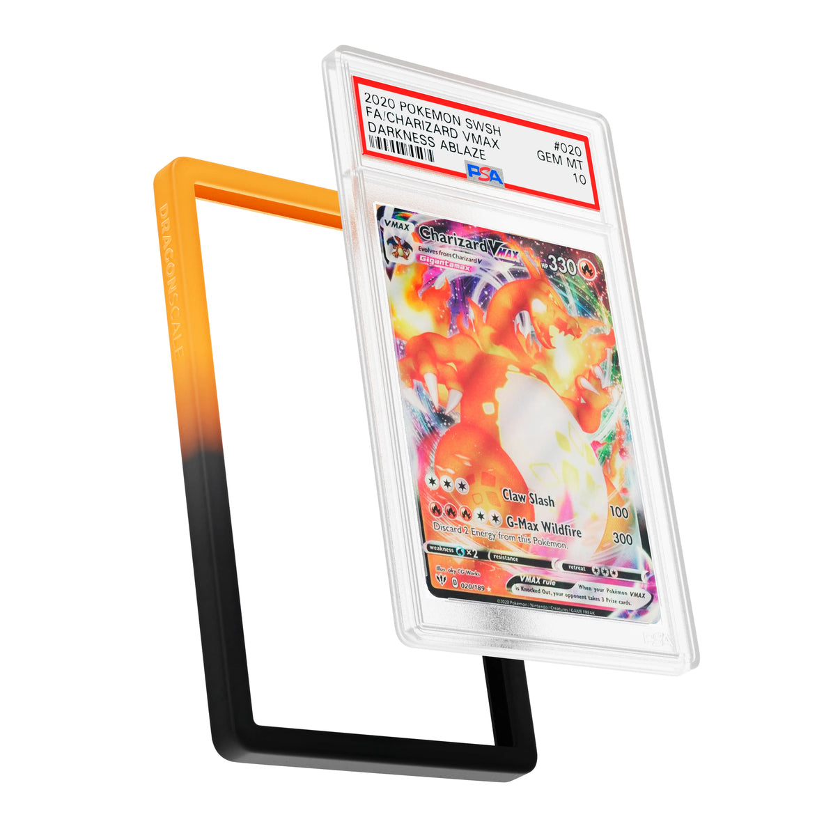 Display and demo view of a PSA slab in Gradient Magma Dragonscale bumper guard, featuring a Charizard VMAX Darkness Ablaze PSA 10 Pokemon card.