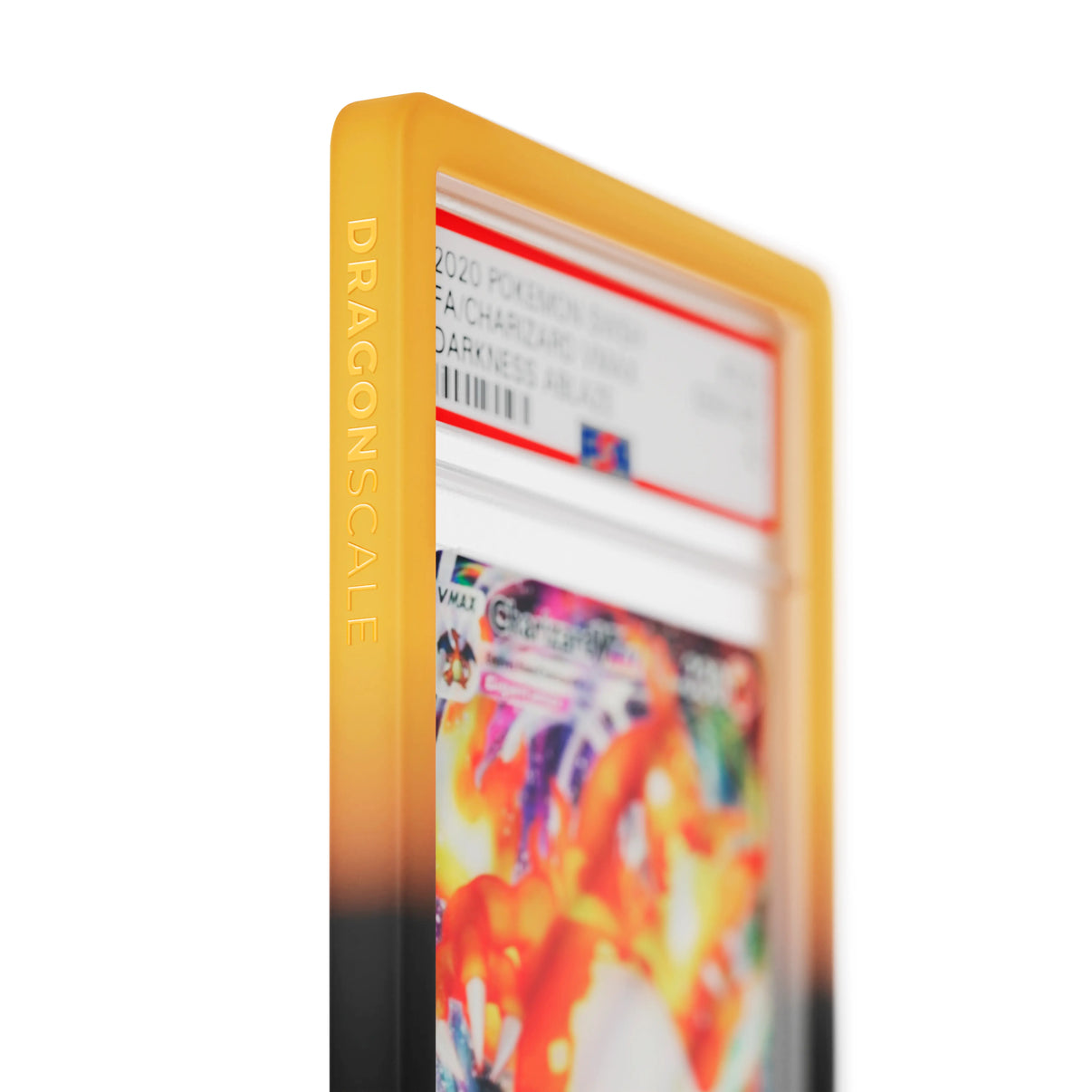 Close up logo zoom view of a PSA slab in Gradient Magma Dragonscale bumper guard, featuring a Charizard VMAX Darkness Ablaze PSA 10 Pokemon card.