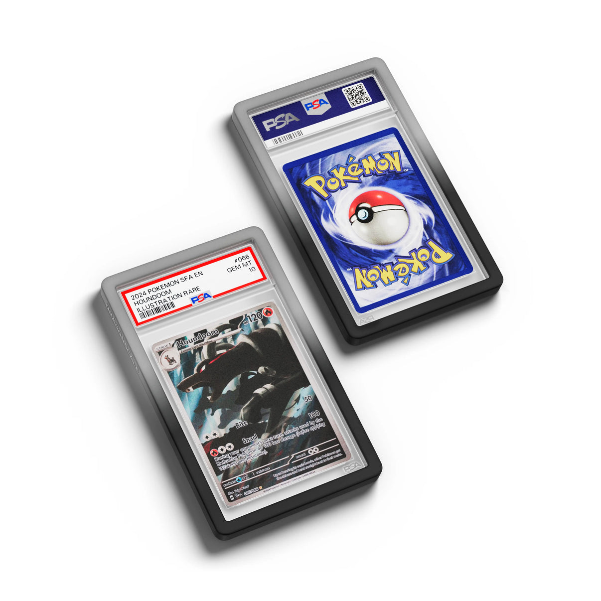 Top-down flat view of a PSA slab in Gradient Midnight Dragonscale bumper guard, featuring a Houndoom Shrouded Fable PSA 10 Pokemon card.