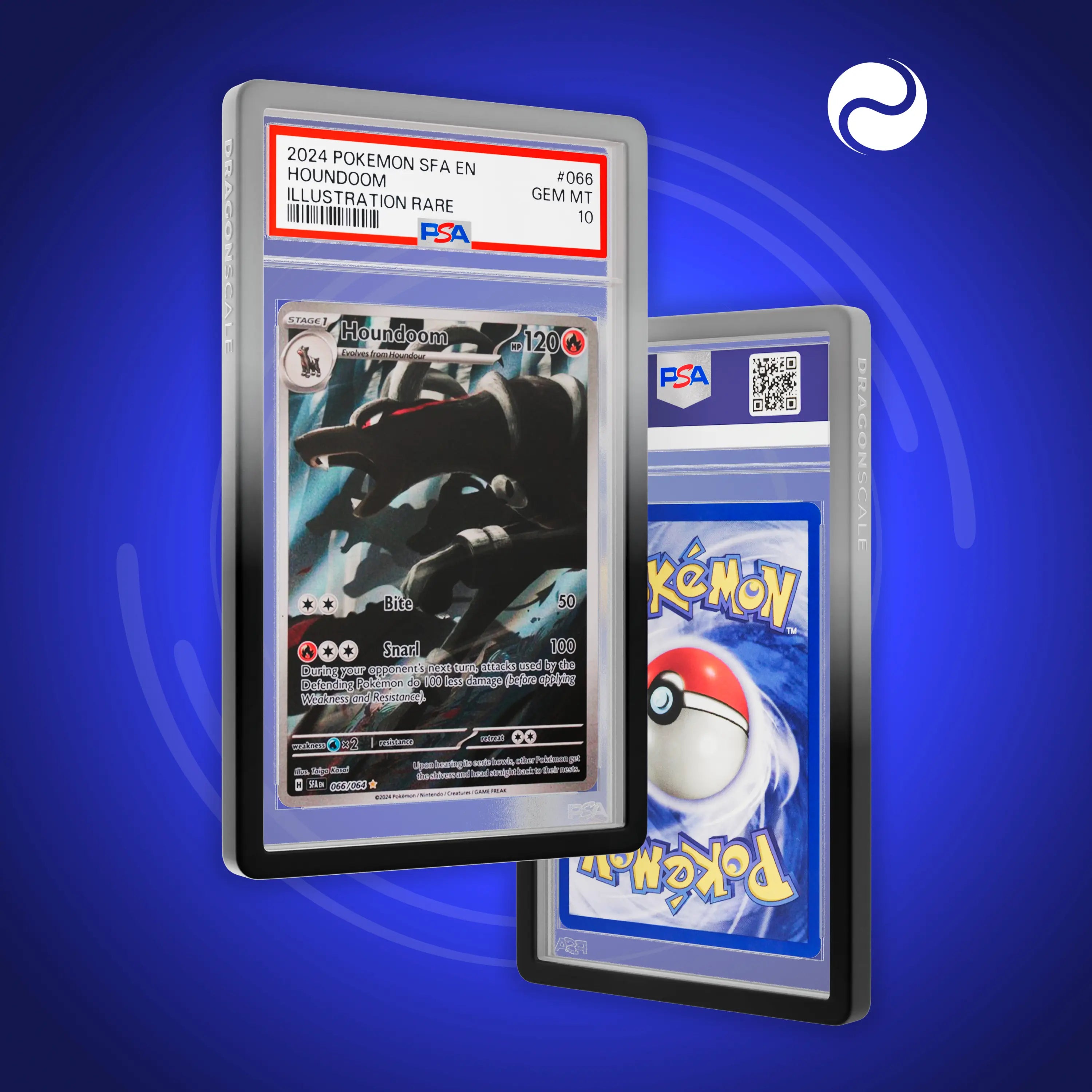 Front and back view of a PSA slab in Gradient Midnight Dragonscale bumper guard, featuring a Houndoom Shrouded Fable PSA 10 Pokemon card.