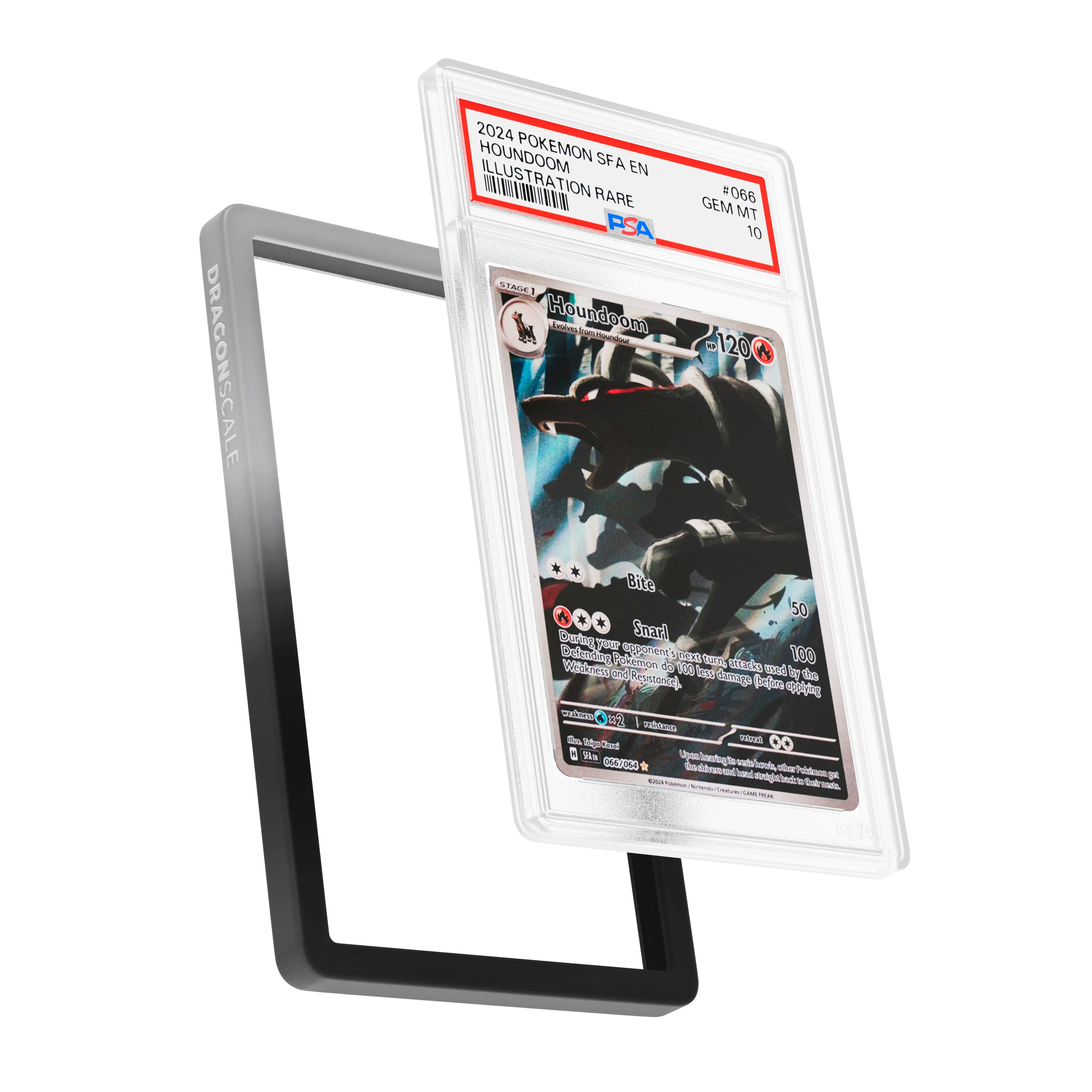 Display and demo view of a PSA slab in Gradient Midnight Dragonscale bumper guard, featuring a Houndoom Shrouded Fable PSA 10 Pokemon card.