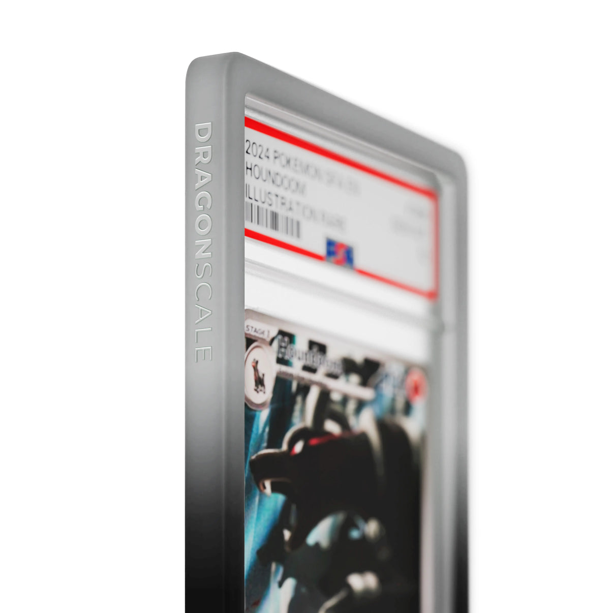 Close up logo zoom view of a PSA slab in Gradient Midnight Dragonscale bumper guard, featuring a Houndoom Shrouded Fable PSA 10 Pokemon card.