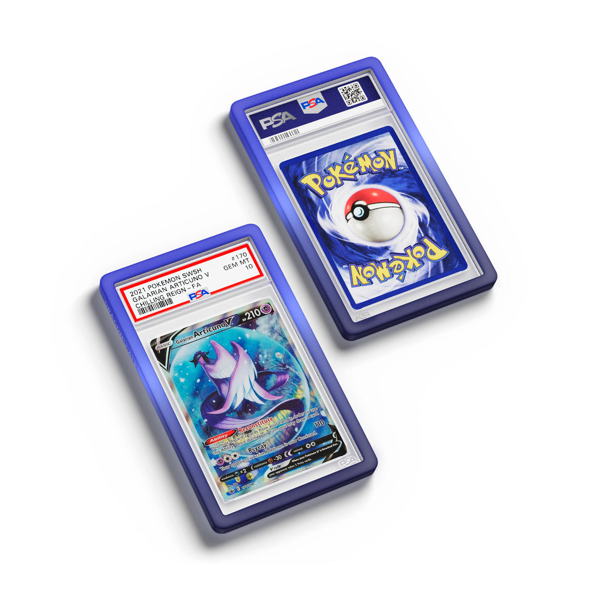 Top-down flat view of a PSA slab in Gradient Nocturnal Dragonscale bumper guard, featuring a Galarian Articuno Chilling Reign PSA 10 Pokemon card.