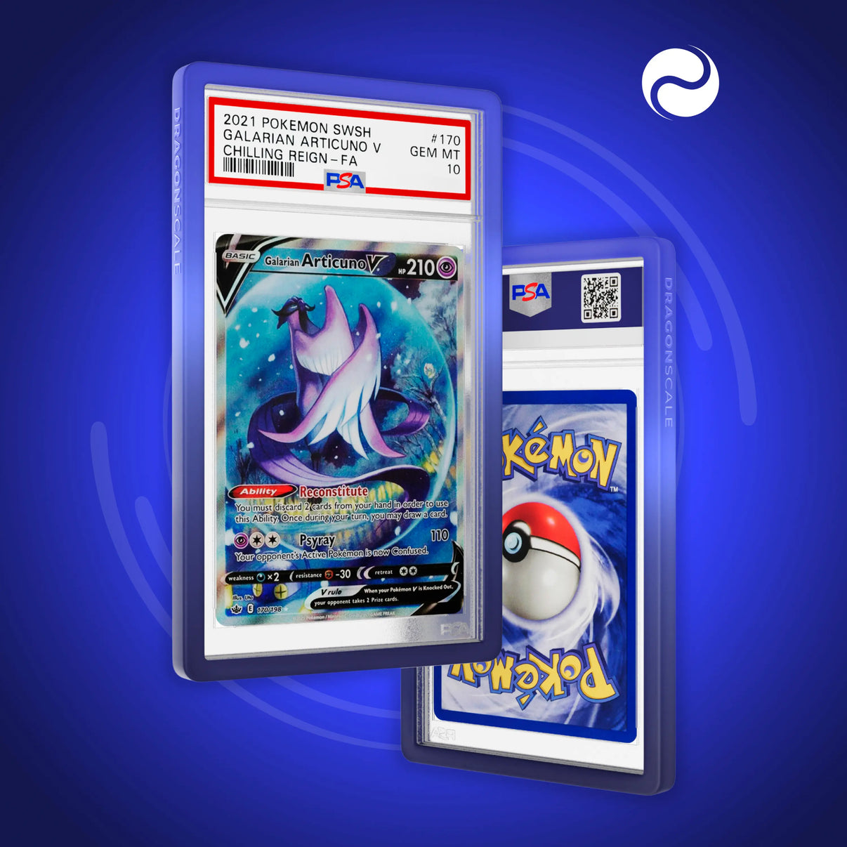 Front and back view of a PSA slab in Gradient Nocturnal Dragonscale bumper guard, featuring a Galarian Articuno Chilling Reign PSA 10 Pokemon card.