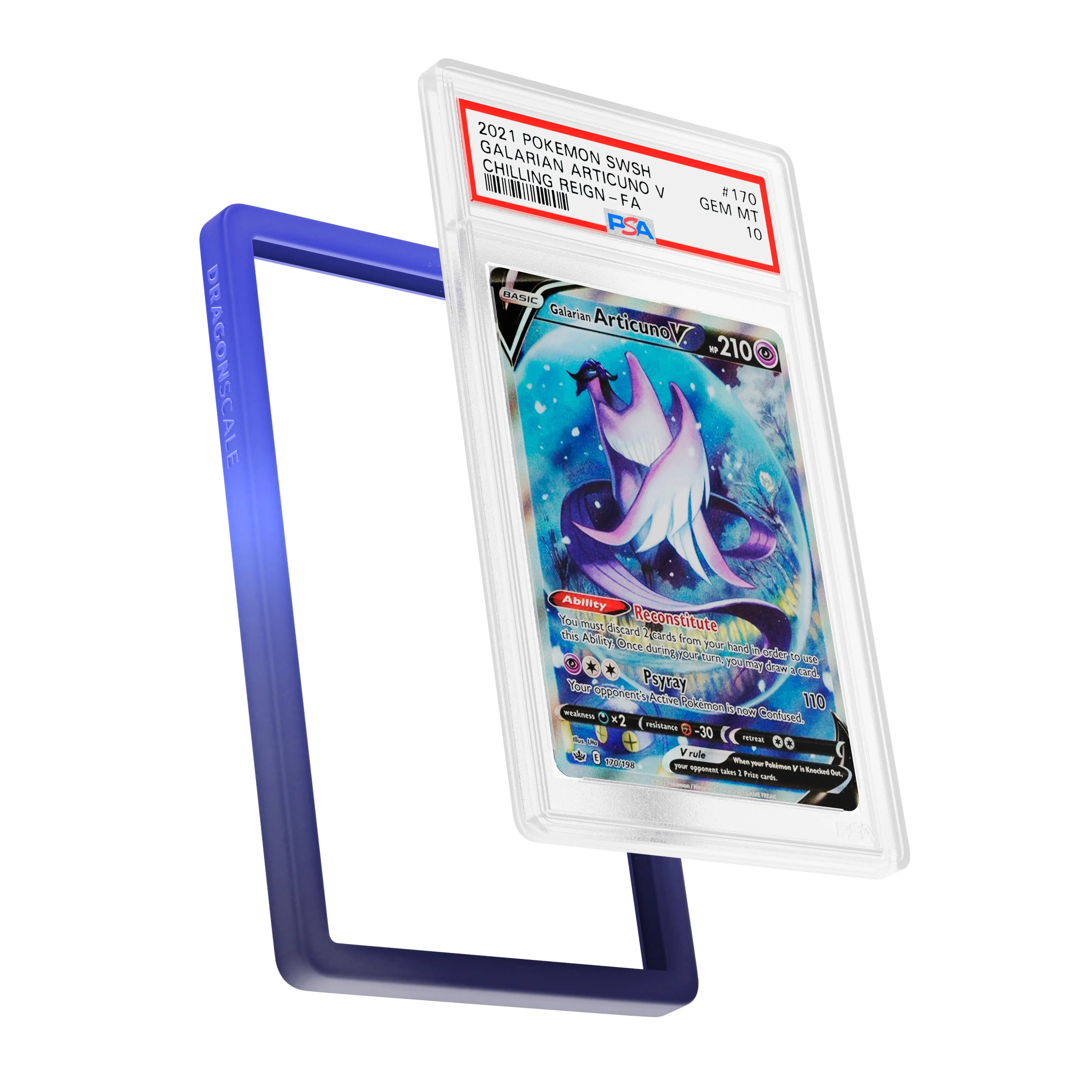 Display and demo view of a PSA slab in Gradient Nocturnal Dragonscale bumper guard, featuring a Galarian Articuno Chilling Reign PSA 10 Pokemon card.