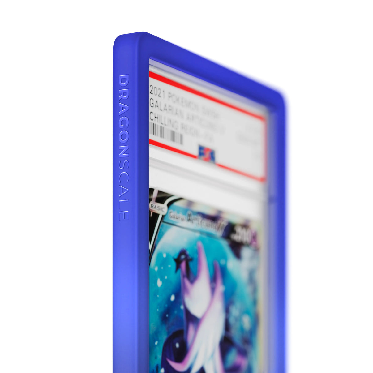 Close up logo zoom view of a PSA slab in Gradient Nocturnal Dragonscale bumper guard, featuring a Galarian Articuno Chilling Reign PSA 10 Pokemon card.