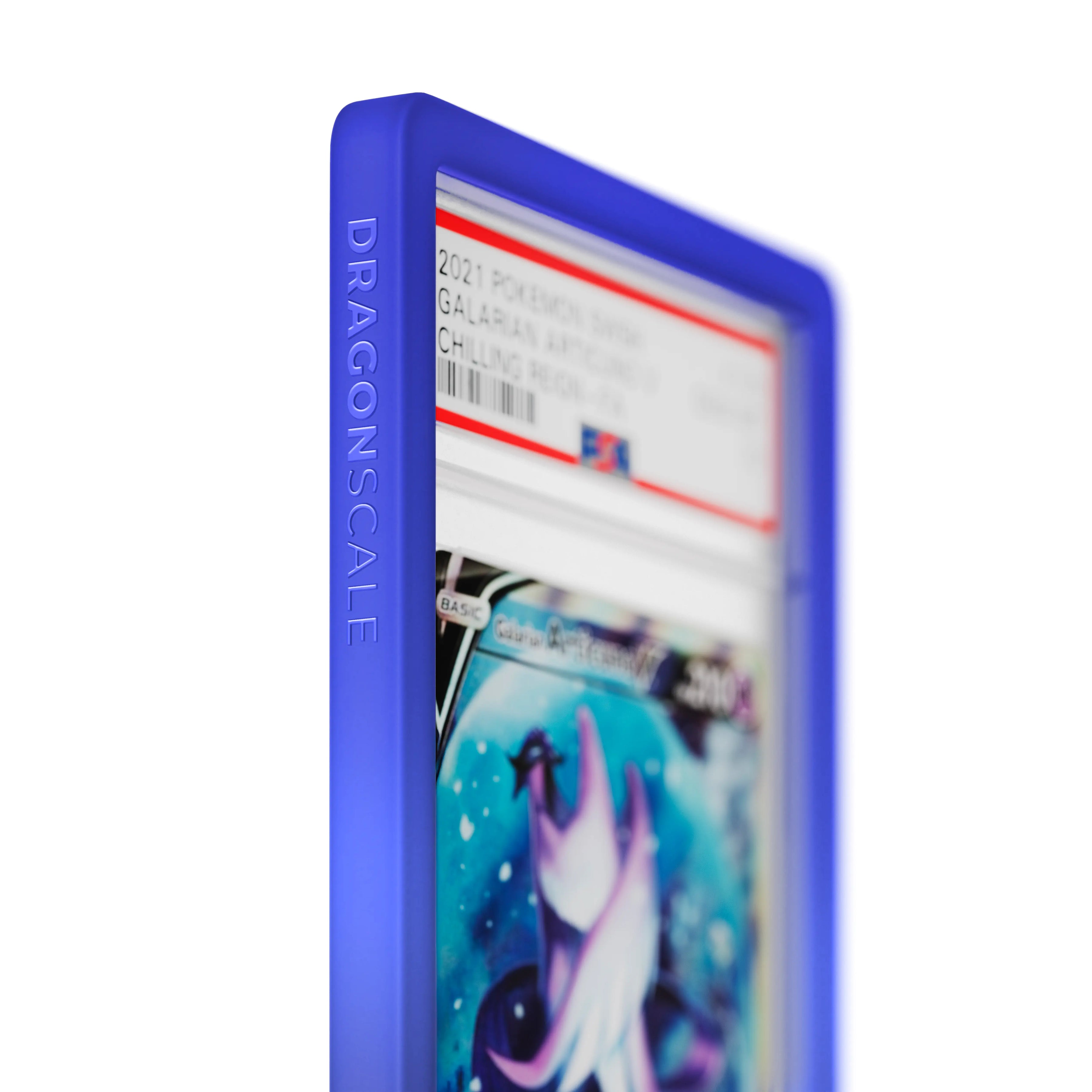 Close up logo zoom view of a PSA slab in Gradient Nocturnal Dragonscale bumper guard, featuring a Galarian Articuno Chilling Reign PSA 10 Pokemon card.