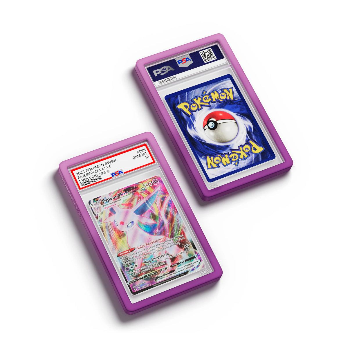 Top-down flat view of a PSA slab in Gradient Phantom Dragonscale bumper guard, featuring a Espeon VMAX Evolving Skies PSA 10 Pokemon card.