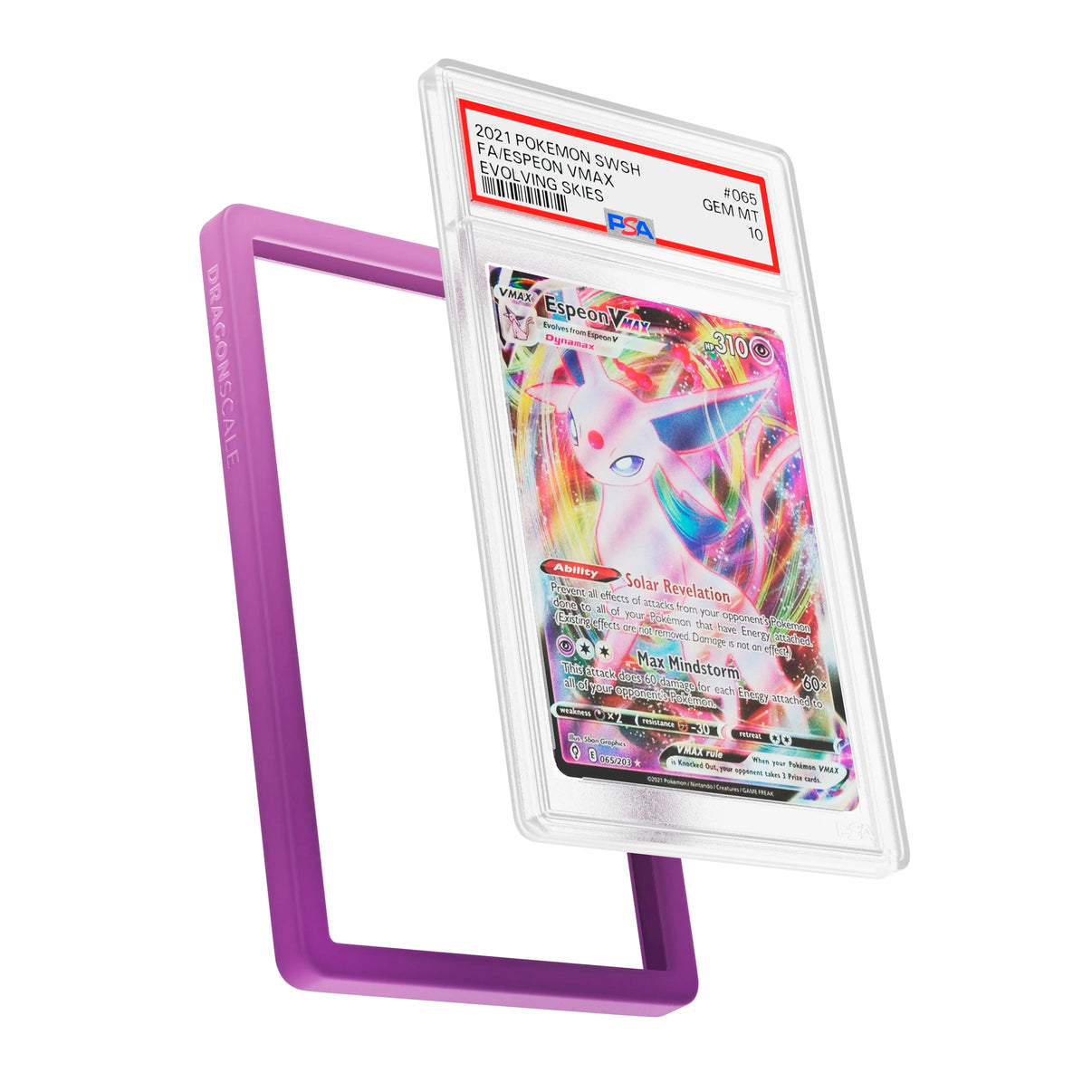 Display and demo view of a PSA slab in Gradient Phantom Dragonscale bumper guard, featuring a Espeon VMAX Evolving Skies PSA 10 Pokemon card.