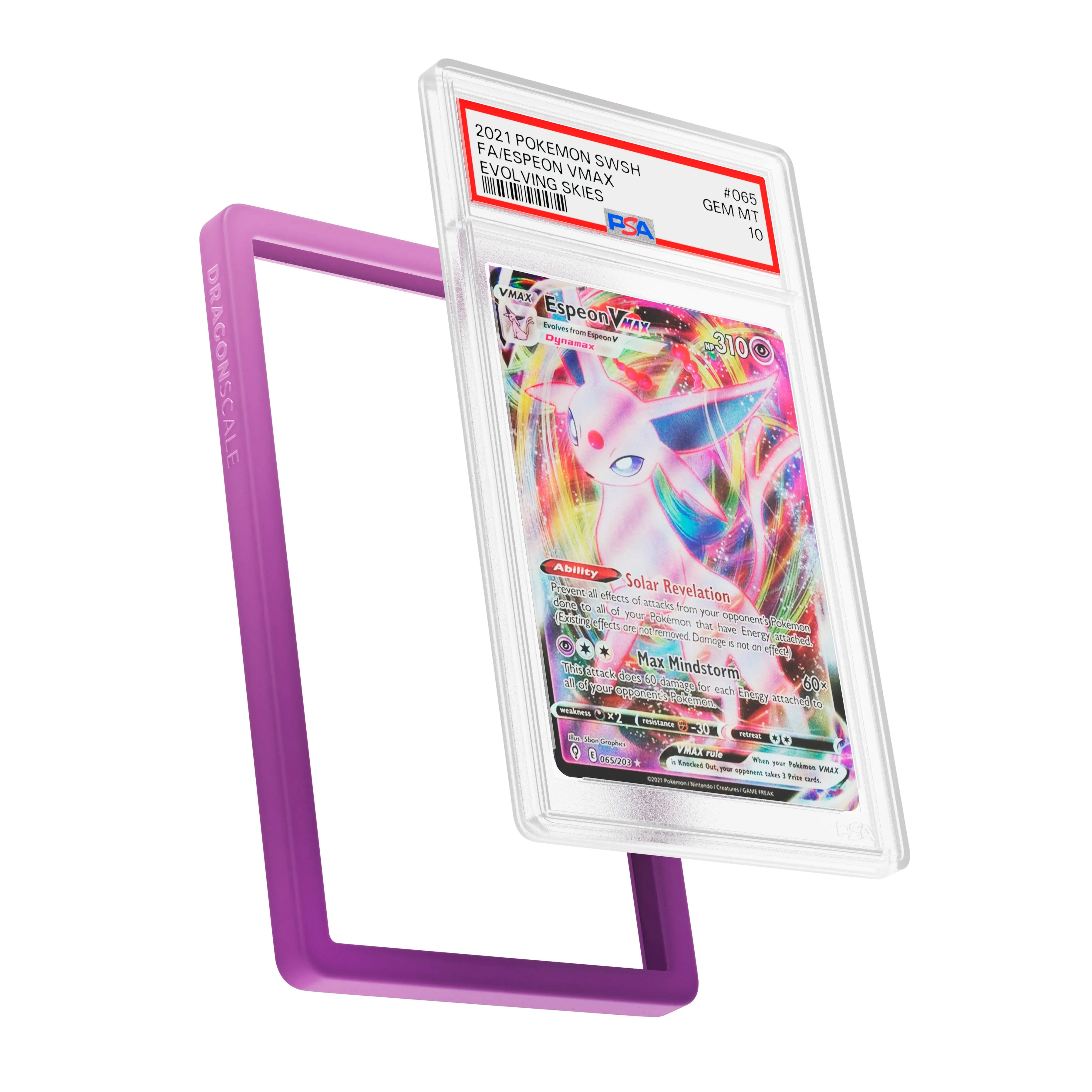 Display and demo view of a PSA slab in Gradient Phantom Dragonscale bumper guard, featuring a Espeon VMAX Evolving Skies PSA 10 Pokemon card.