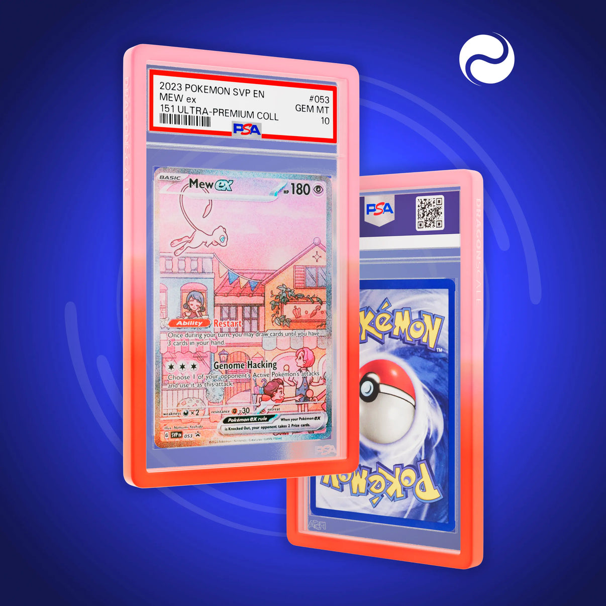 Front and back view of a PSA slab in Gradient Phoenix Dragonscale bumper guard, featuring a Mew EX Scarlet & Violet 151 PSA 10 Pokemon card.