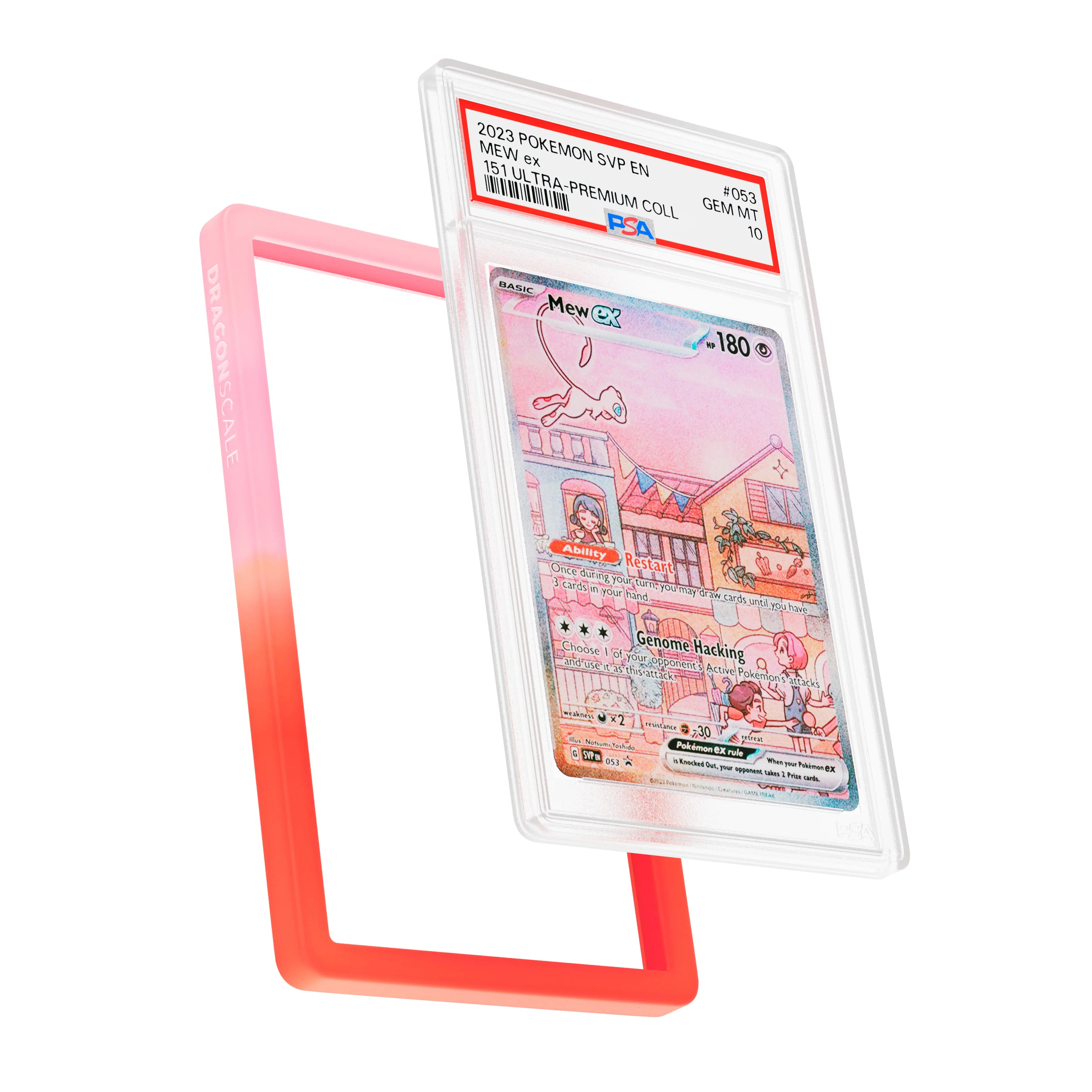 Display and demo view of a PSA slab in Gradient Phoenix Dragonscale bumper guard, featuring a Mew EX Scarlet & Violet 151 PSA 10 Pokemon card.