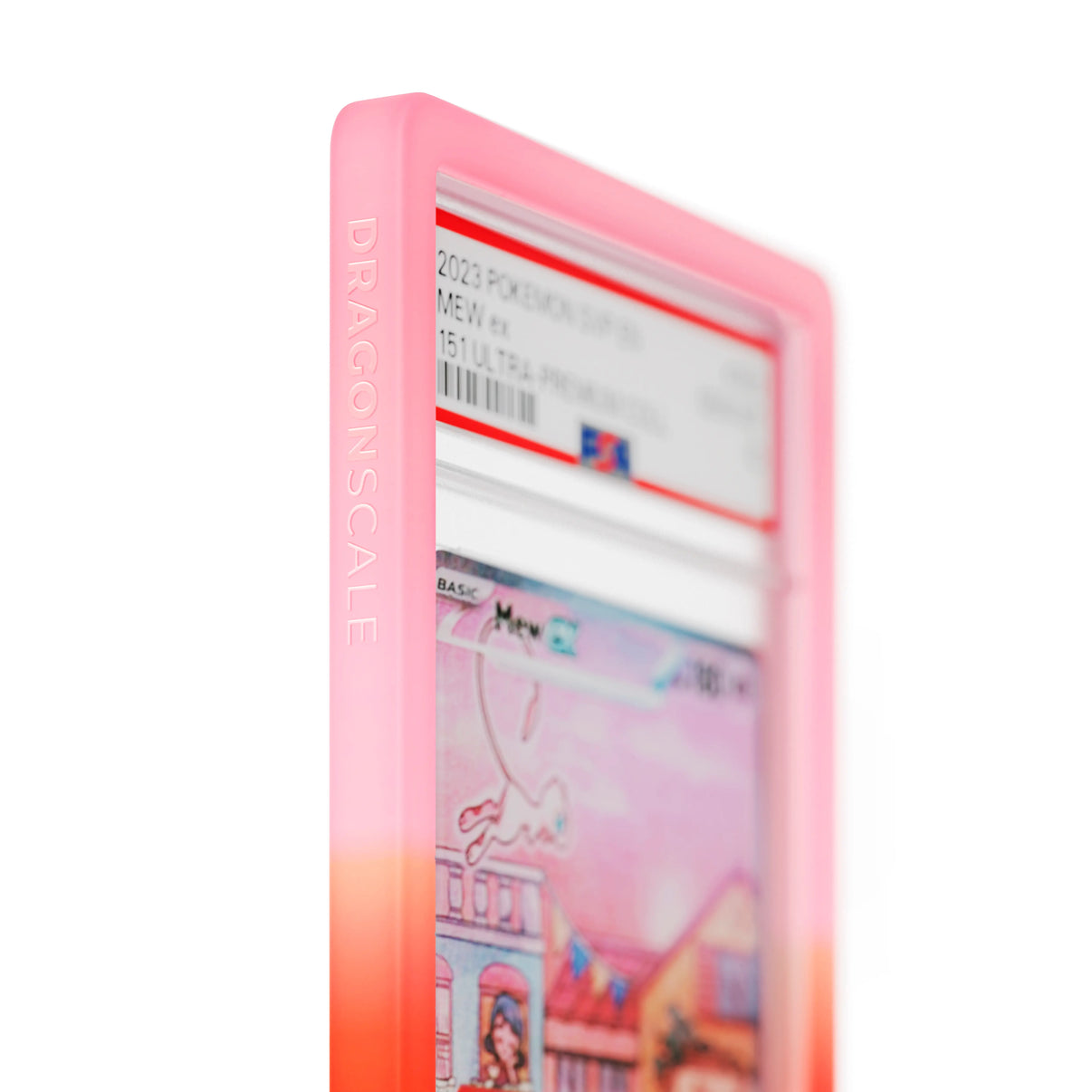 Close up logo zoom view of a PSA slab in Gradient Phoenix Dragonscale bumper guard, featuring a Mew EX Scarlet & Violet 151 PSA 10 Pokemon card.