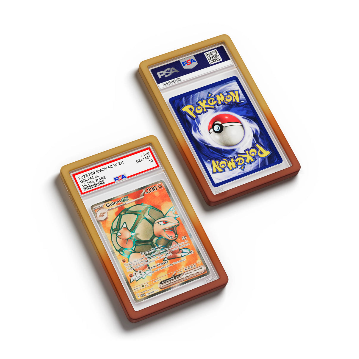 Top-down flat view of a PSA slab in Gradient Sandstorm Dragonscale bumper guard, featuring a Golem EX Scarlet & Violet 151 PSA 10 Pokemon card.