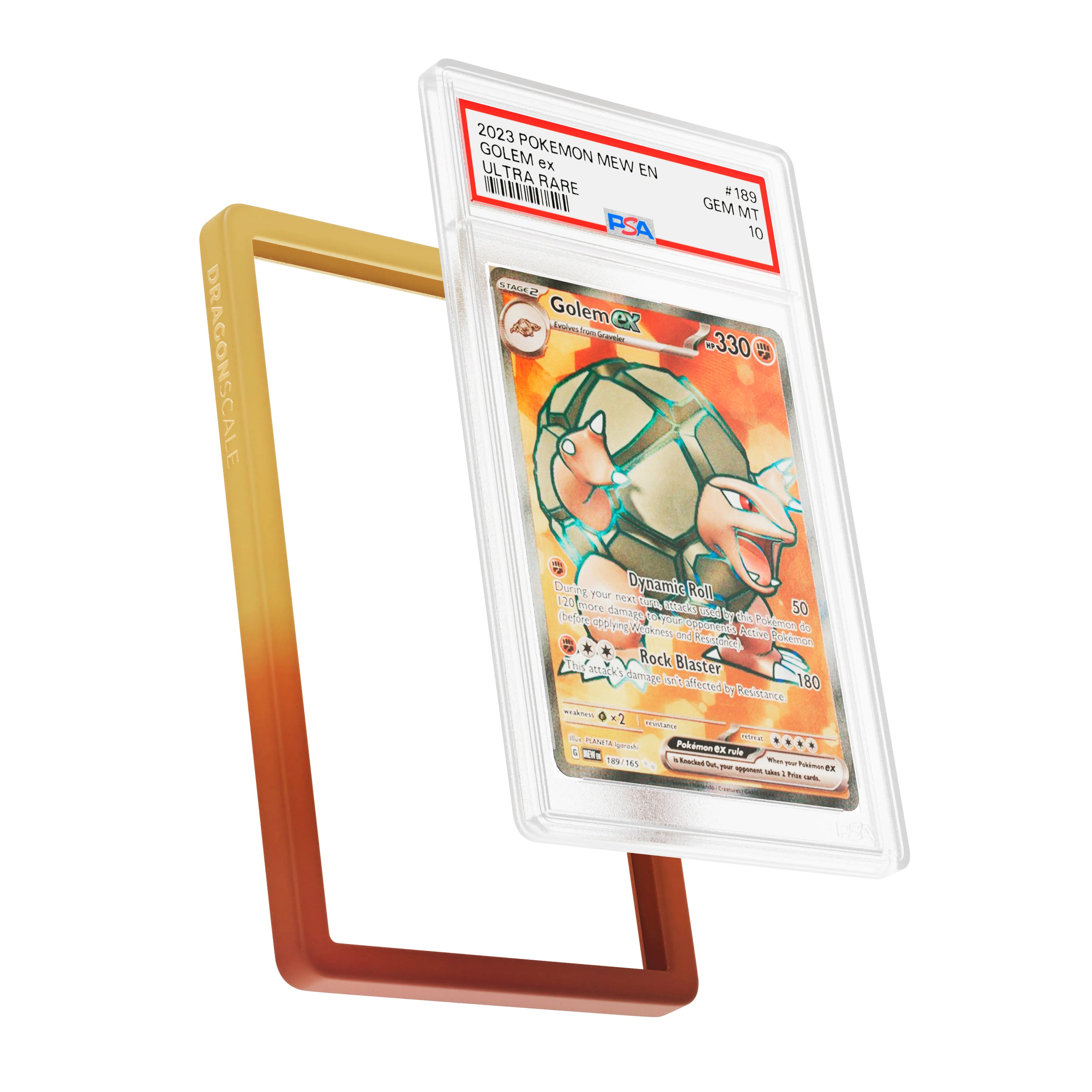 Display and demo view of a PSA slab in Gradient Sandstorm Dragonscale bumper guard, featuring a Golem EX Scarlet & Violet 151 PSA 10 Pokemon card.