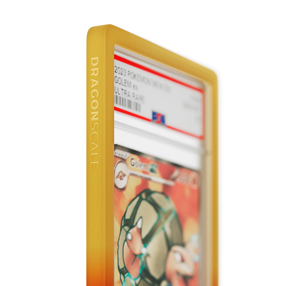 Close up logo zoom view of a PSA slab in Gradient Sandstorm Dragonscale bumper guard, featuring a Golem EX Scarlet & Violet 151 PSA 10 Pokemon card.