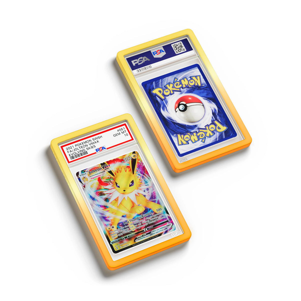 Top-down flat view of a PSA slab in Gradient Solar Dragonscale bumper guard, featuring a Jolteon VMAX Evolving Skies PSA 10 Pokemon card.
