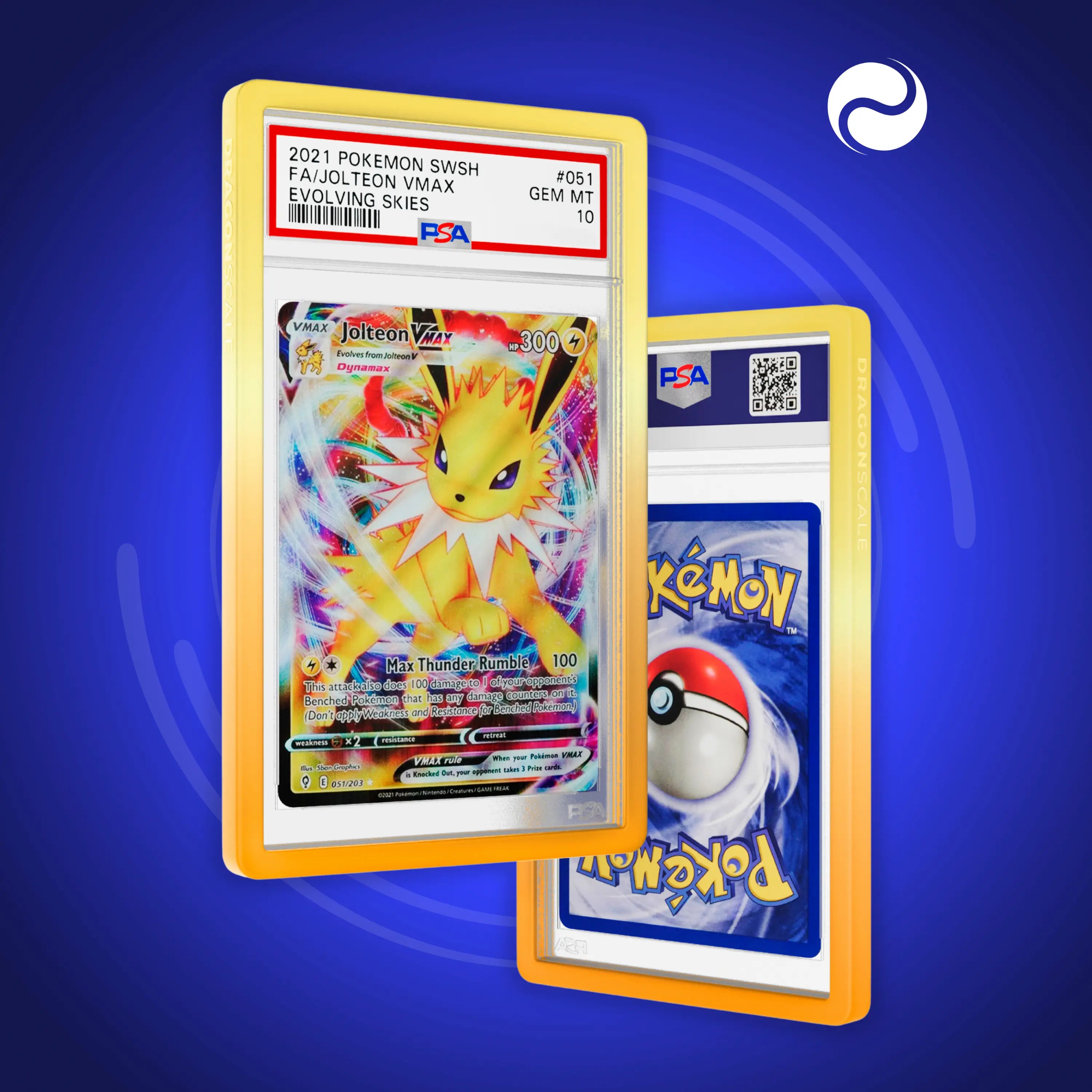 Front and back view of a PSA slab in Gradient Solar Dragonscale bumper guard, featuring a Jolteon VMAX Evolving Skies PSA 10 Pokemon card.