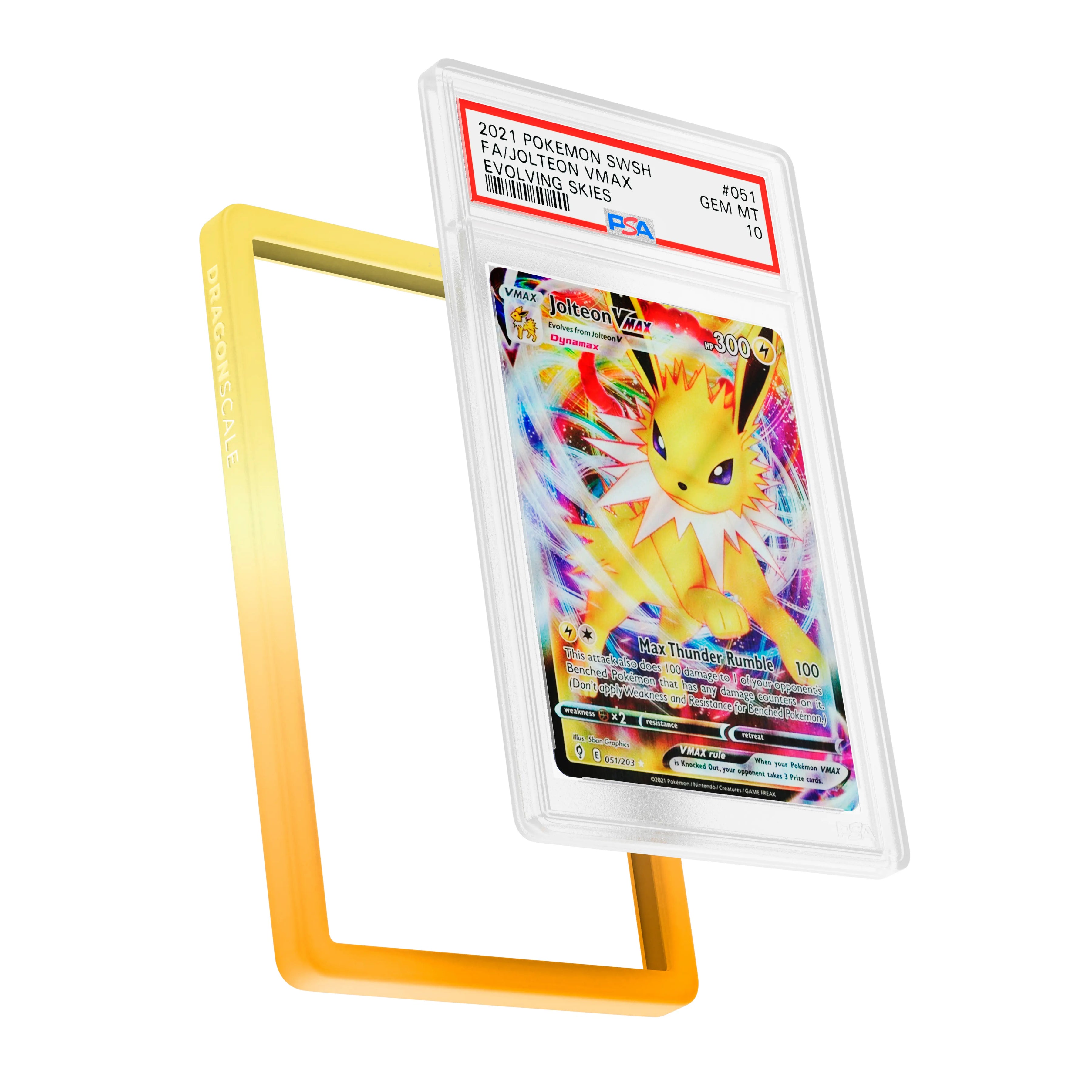 Display and demo view of a PSA slab in Gradient Solar Dragonscale bumper guard, featuring a Jolteon VMAX Evolving Skies PSA 10 Pokemon card.