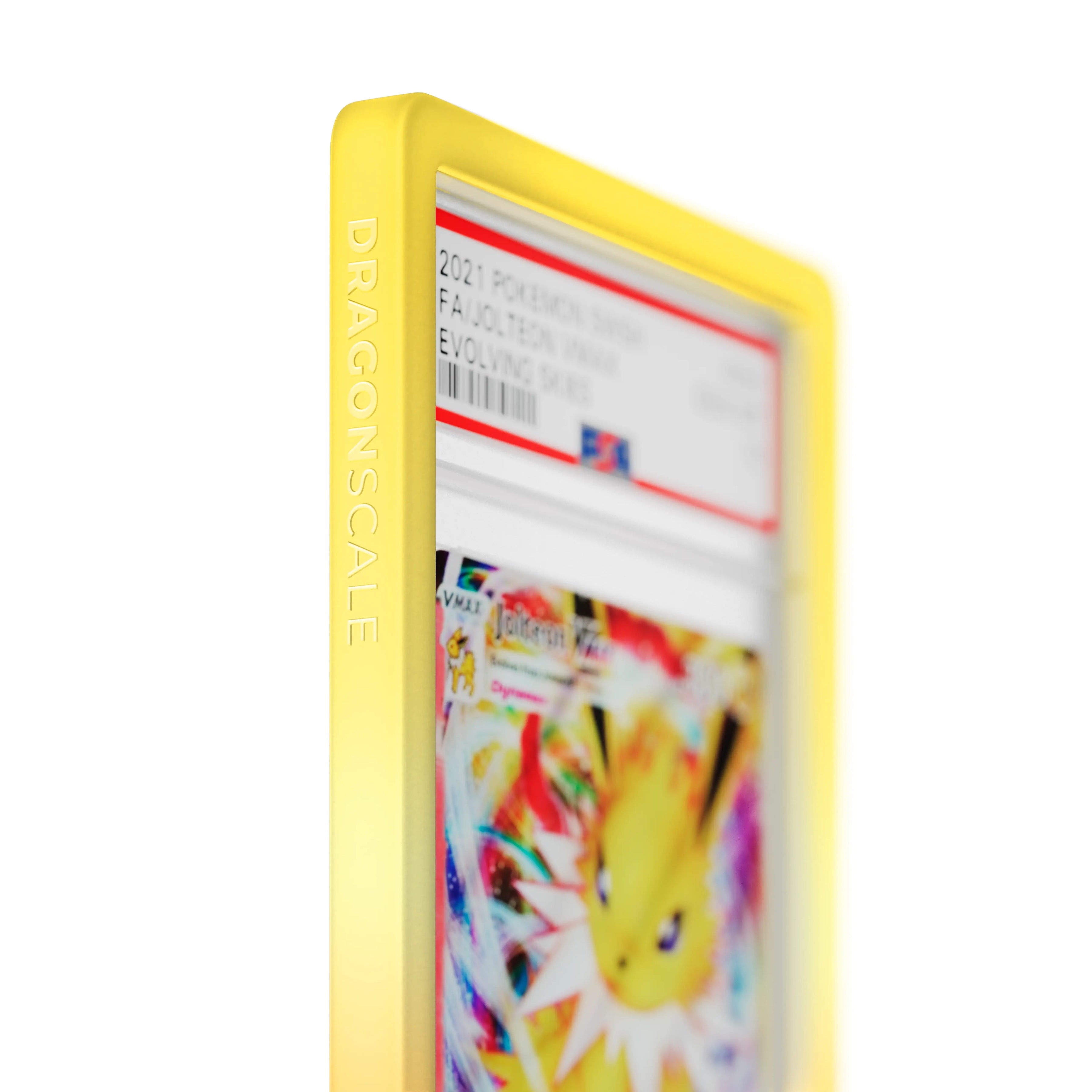 Close up logo zoom view of a PSA slab in Gradient Solar Dragonscale bumper guard, featuring a Jolteon VMAX Evolving Skies PSA 10 Pokemon card.