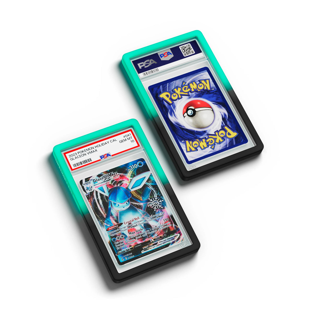 Top-down flat view of a PSA slab in Gradient Spectral Dragonscale bumper guard, featuring a Glaceon VMAX Holiday Calendar 2023 PSA 10 Pokemon card.