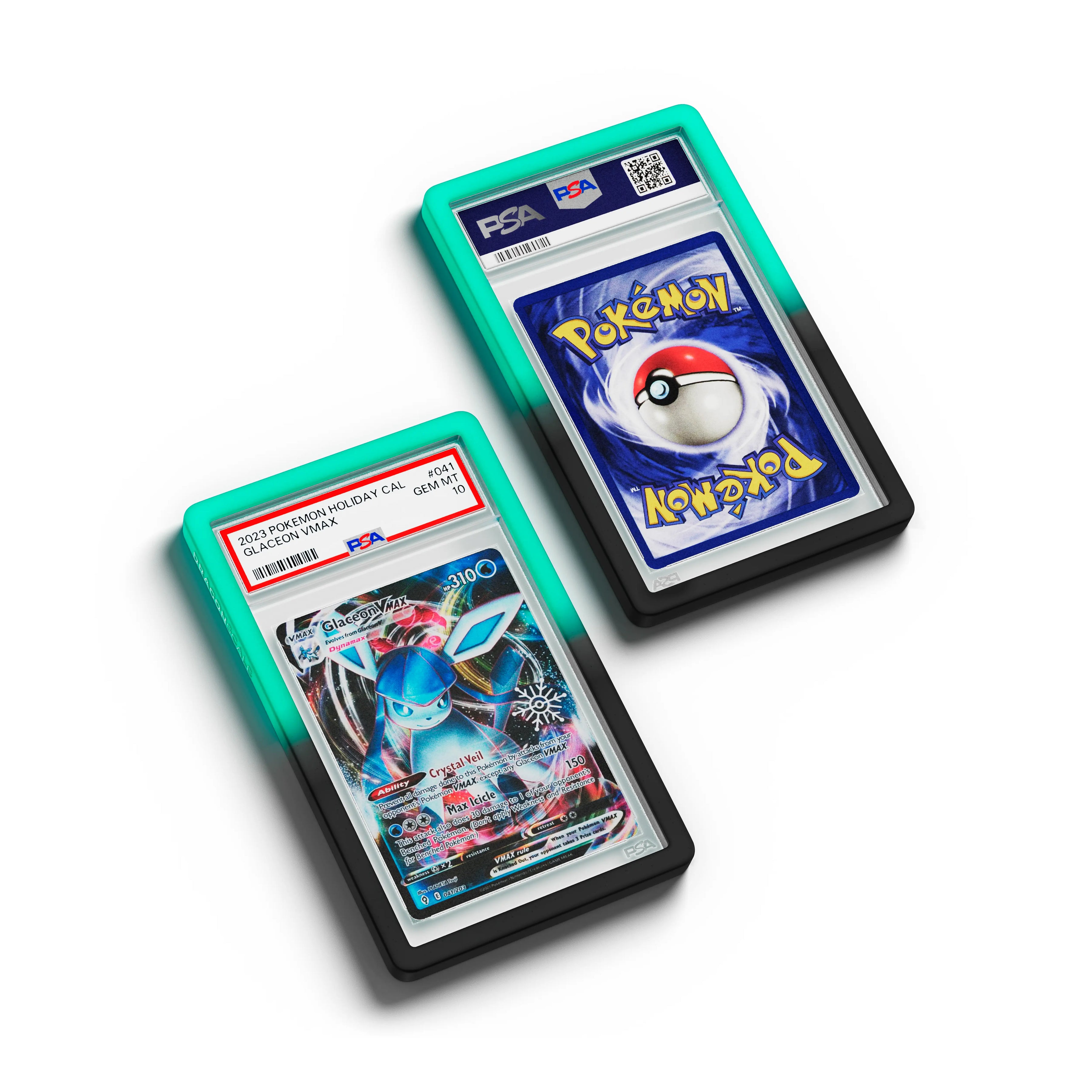 Top-down flat view of a PSA slab in Gradient Spectral Dragonscale bumper guard, featuring a Glaceon VMAX Holiday Calendar 2023 PSA 10 Pokemon card.