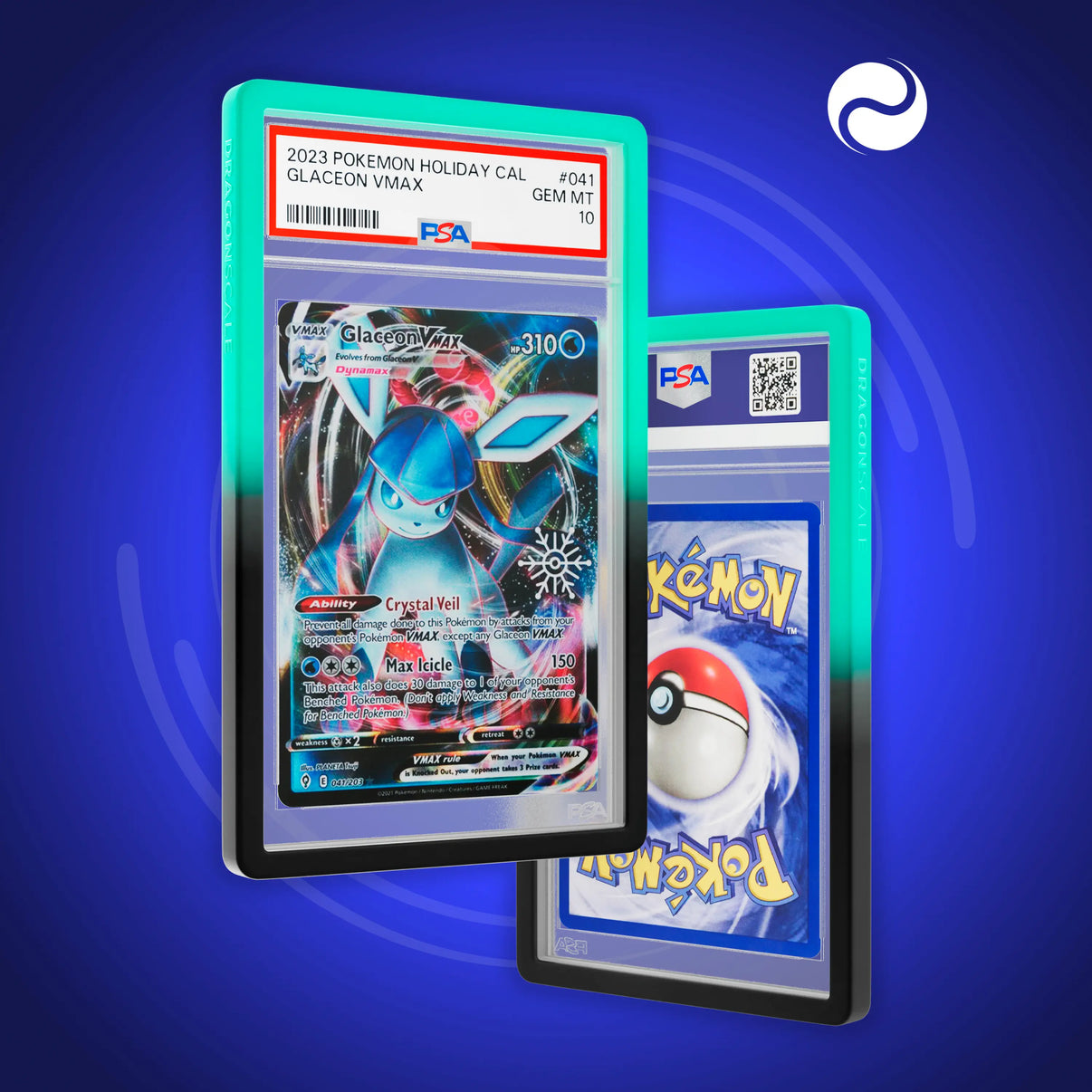 Front and back view of a PSA slab in Gradient Spectral Dragonscale bumper guard, featuring a Glaceon VMAX Holiday Calendar 2023 PSA 10 Pokemon card.