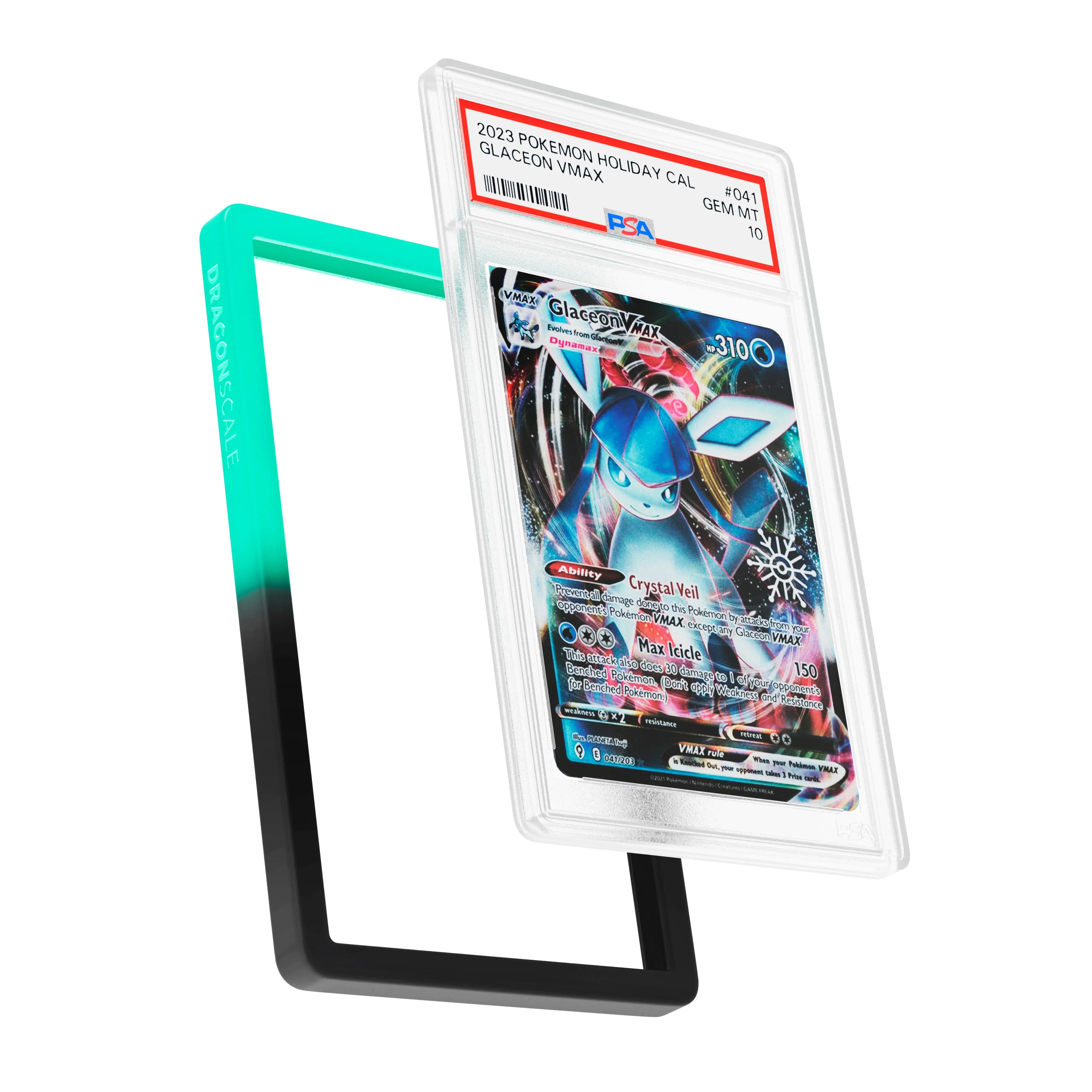 Display and demo view of a PSA slab in Gradient Spectral Dragonscale bumper guard, featuring a Glaceon VMAX Holiday Calendar 2023 PSA 10 Pokemon card.