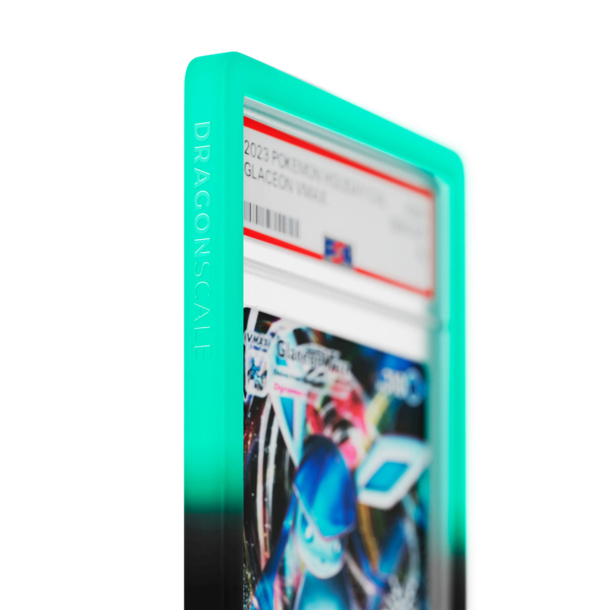 Close up logo zoom view of a PSA slab in Gradient Spectral Dragonscale bumper guard, featuring a Glaceon VMAX Holiday Calendar 2023 PSA 10 Pokemon card.