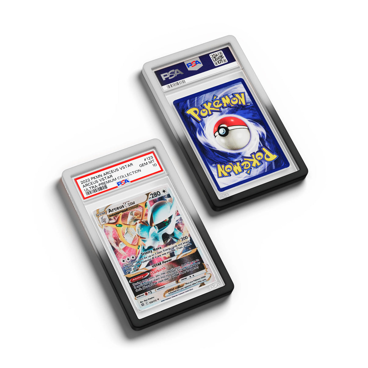Top-down flat view of a PSA slab in Gradient Twilight Dragonscale bumper guard, featuring a Arceus VStar Ultra-Premium PSA 10 Pokemon card.