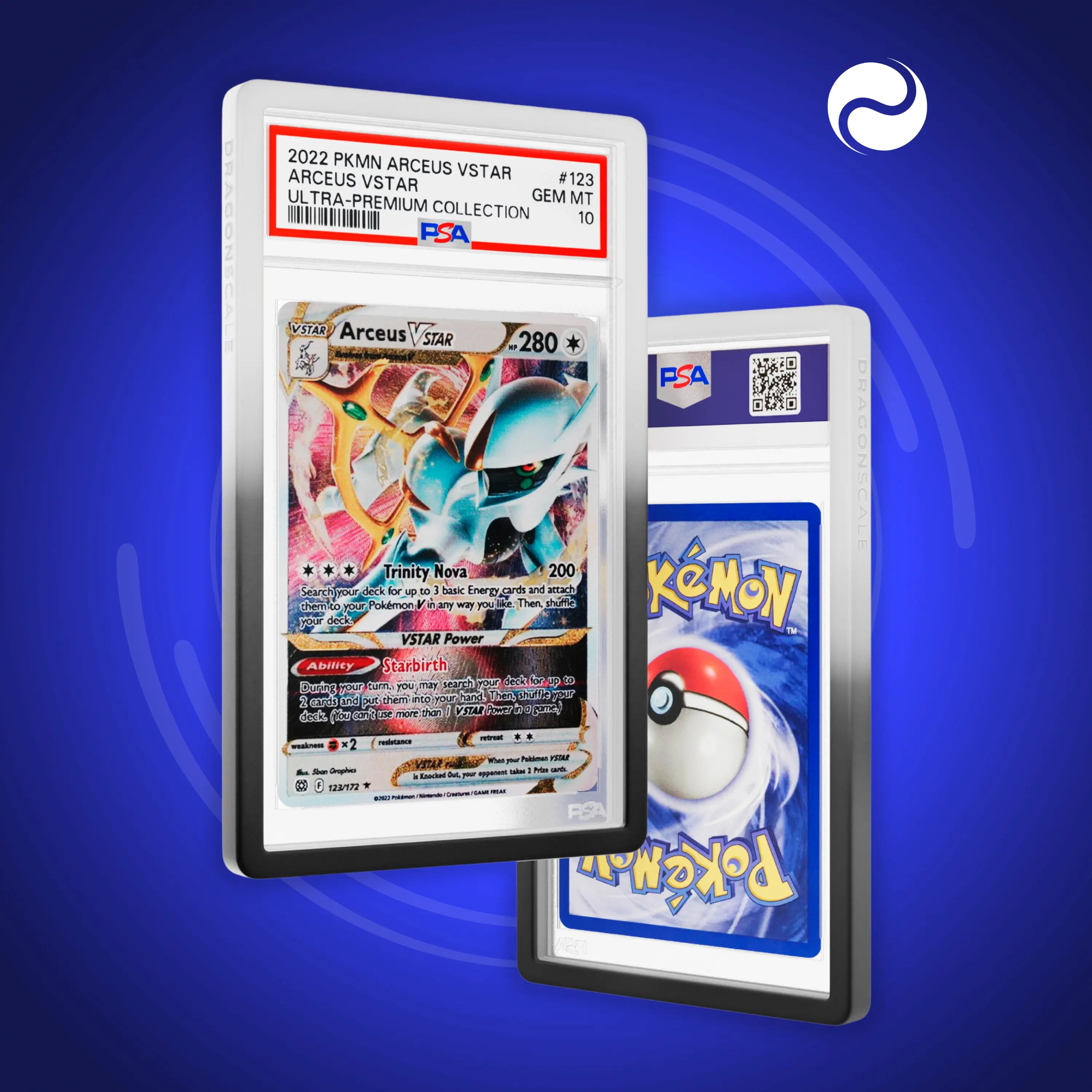 Front and back view of a PSA slab in Gradient Twilight Dragonscale bumper guard, featuring a Arceus VStar Ultra-Premium PSA 10 Pokemon card.