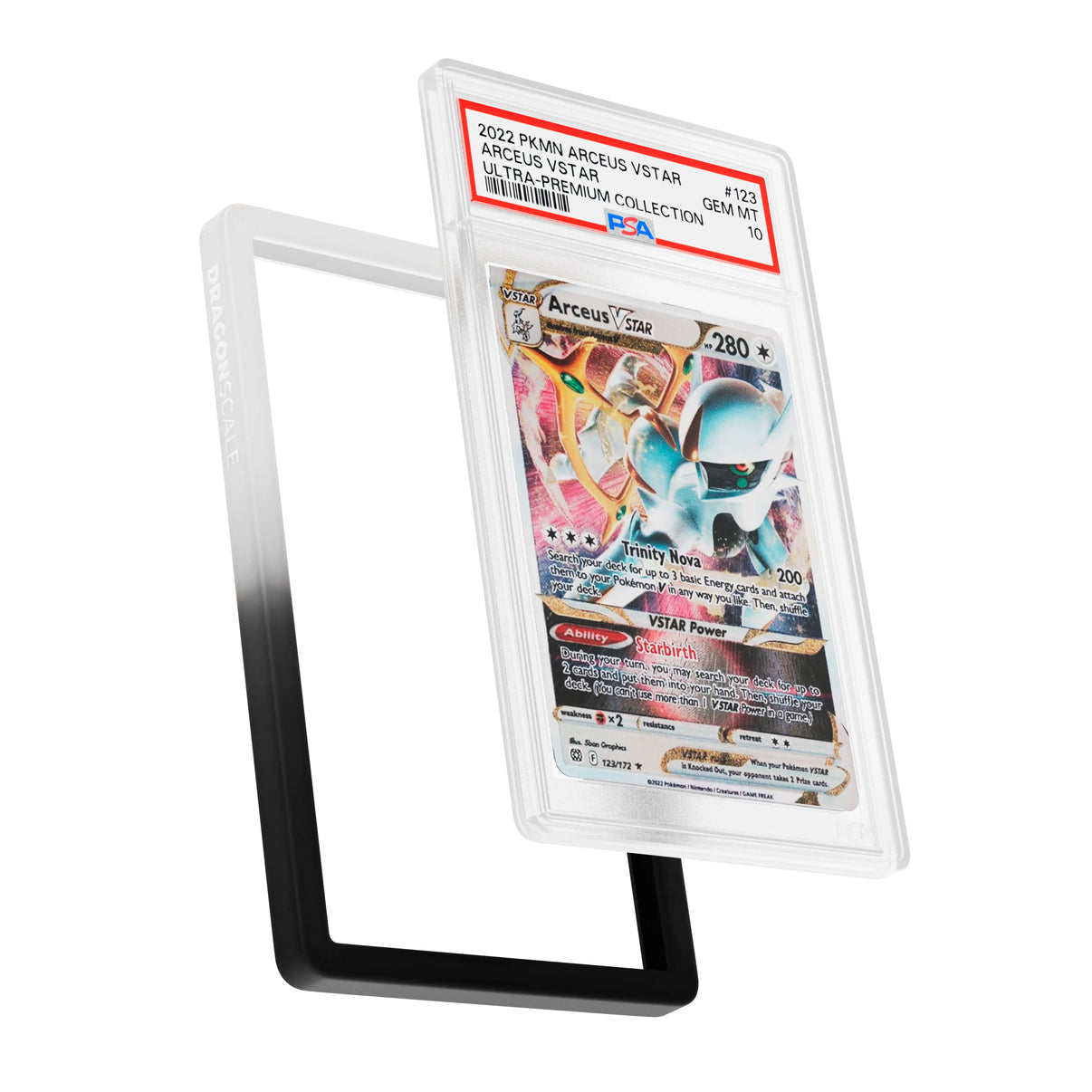 Display and demo view of a PSA slab in Gradient Twilight Dragonscale bumper guard, featuring a Arceus VStar Ultra-Premium PSA 10 Pokemon card.