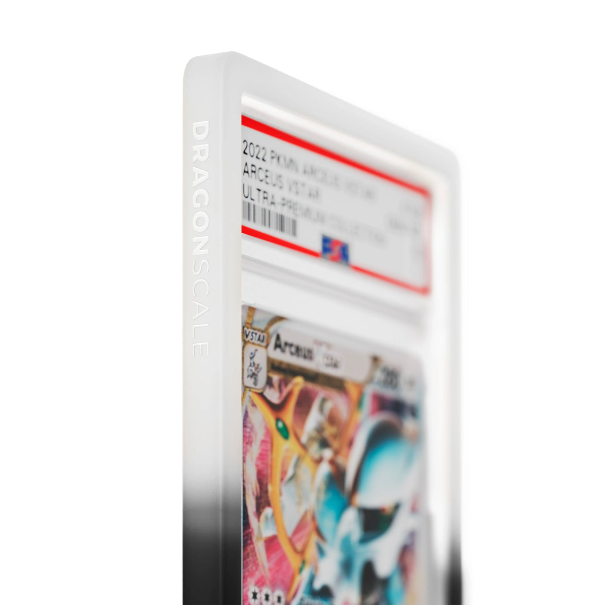 Close up logo zoom view of a PSA slab in Gradient Twilight Dragonscale bumper guard, featuring a Arceus VStar Ultra-Premium PSA 10 Pokemon card.