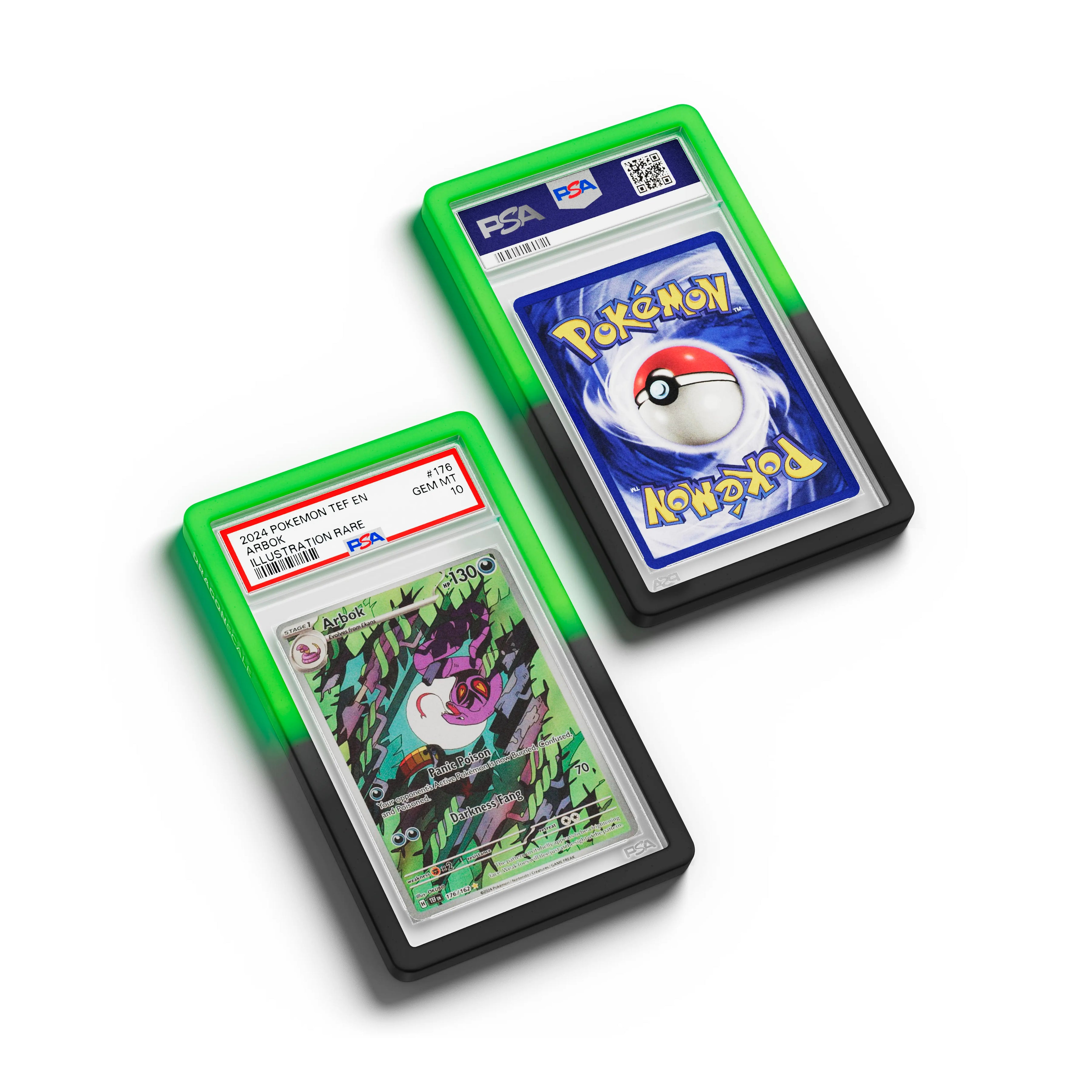 Top-down flat view of a PSA slab in Gradient Venom Dragonscale bumper guard, featuring a Flareon VMAX Evolving Skies PSA 10 Pokemon card.