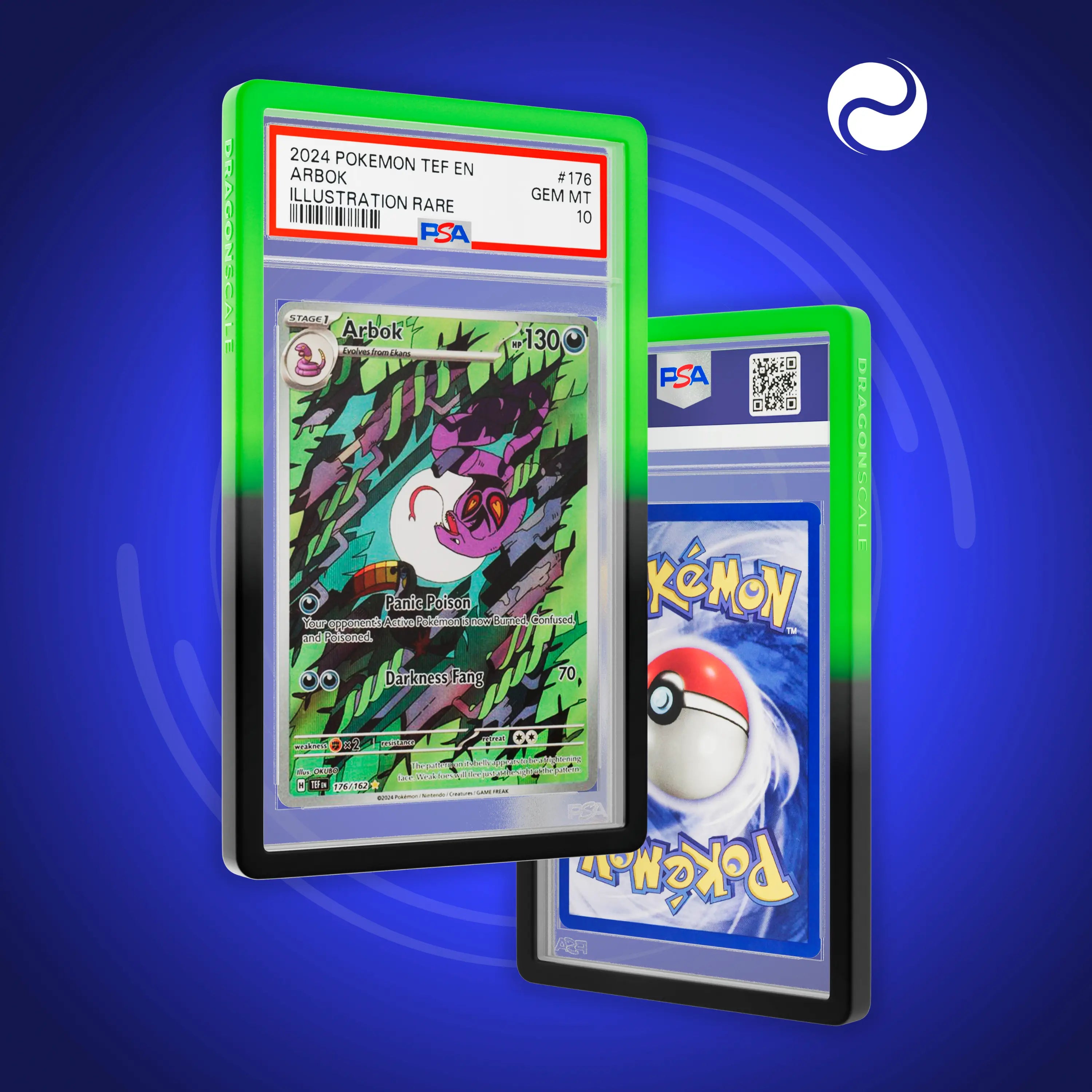 Front and back view of a PSA slab in Gradient Venom Dragonscale bumper guard, featuring a Arbok Temporal Forces PSA 10 Pokemon card.